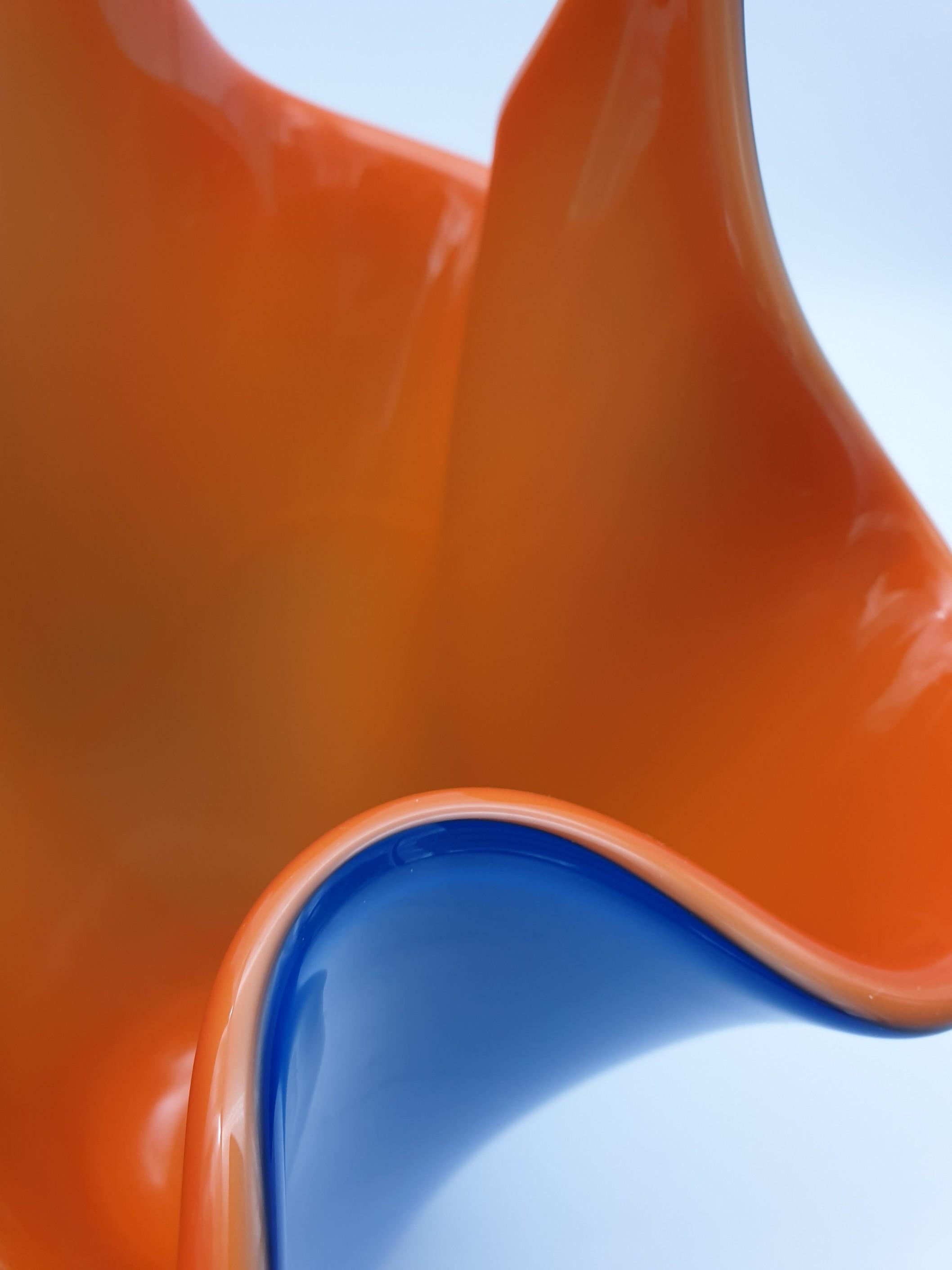 Modern Blue and Orange Incamiciato Fazzoletto Murano Glass Vase by Gino Cenedese For Sale 5
