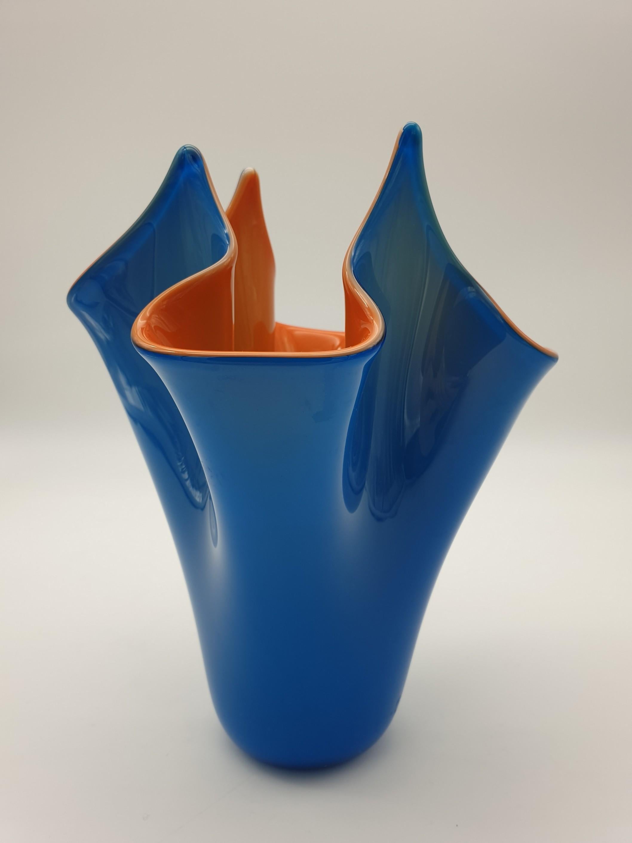 Modern Blue and Orange Incamiciato Fazzoletto Murano Glass Vase by Gino Cenedese For Sale 7