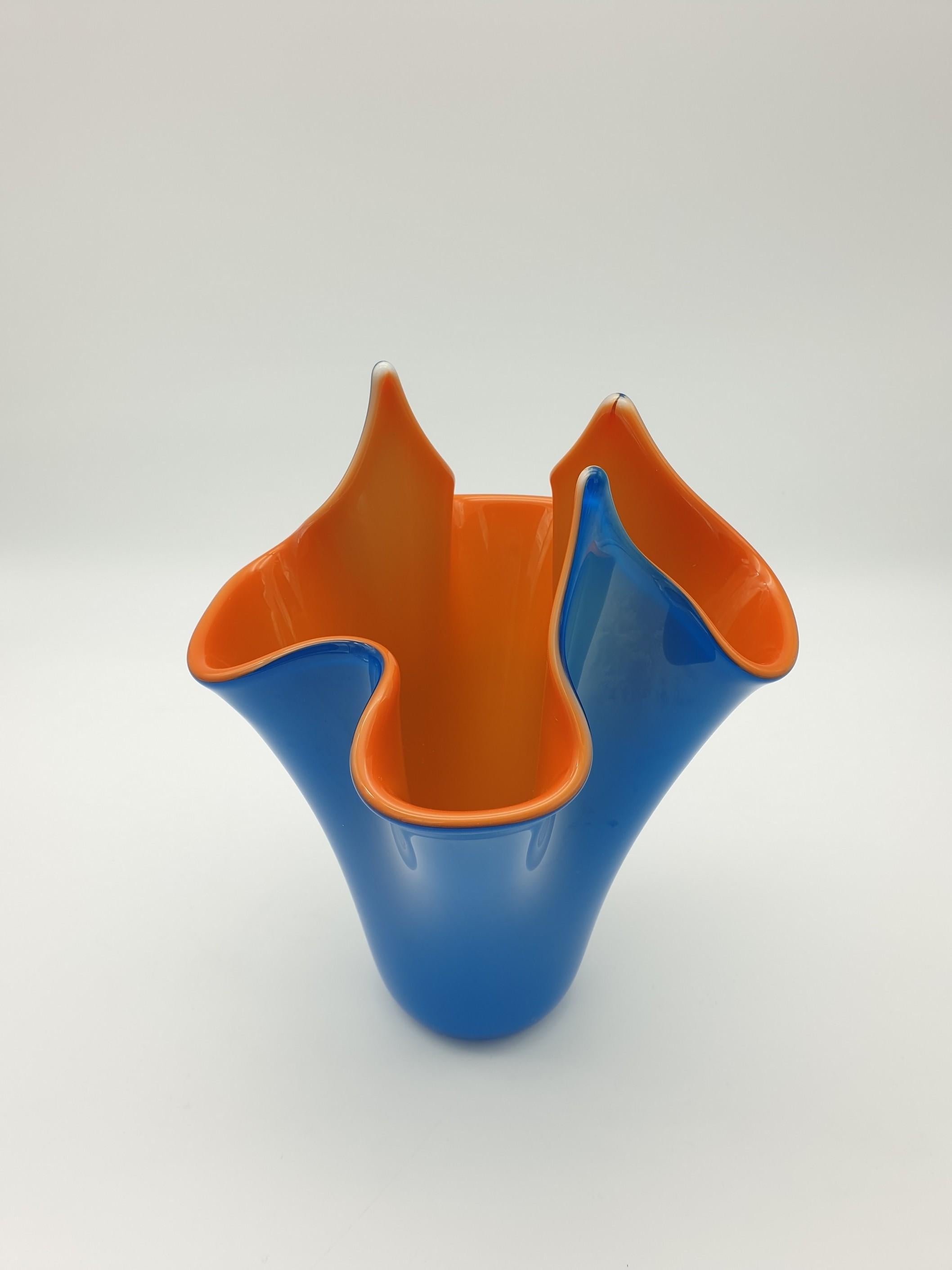 Italian Modern Blue and Orange Incamiciato Fazzoletto Murano Glass Vase by Gino Cenedese For Sale