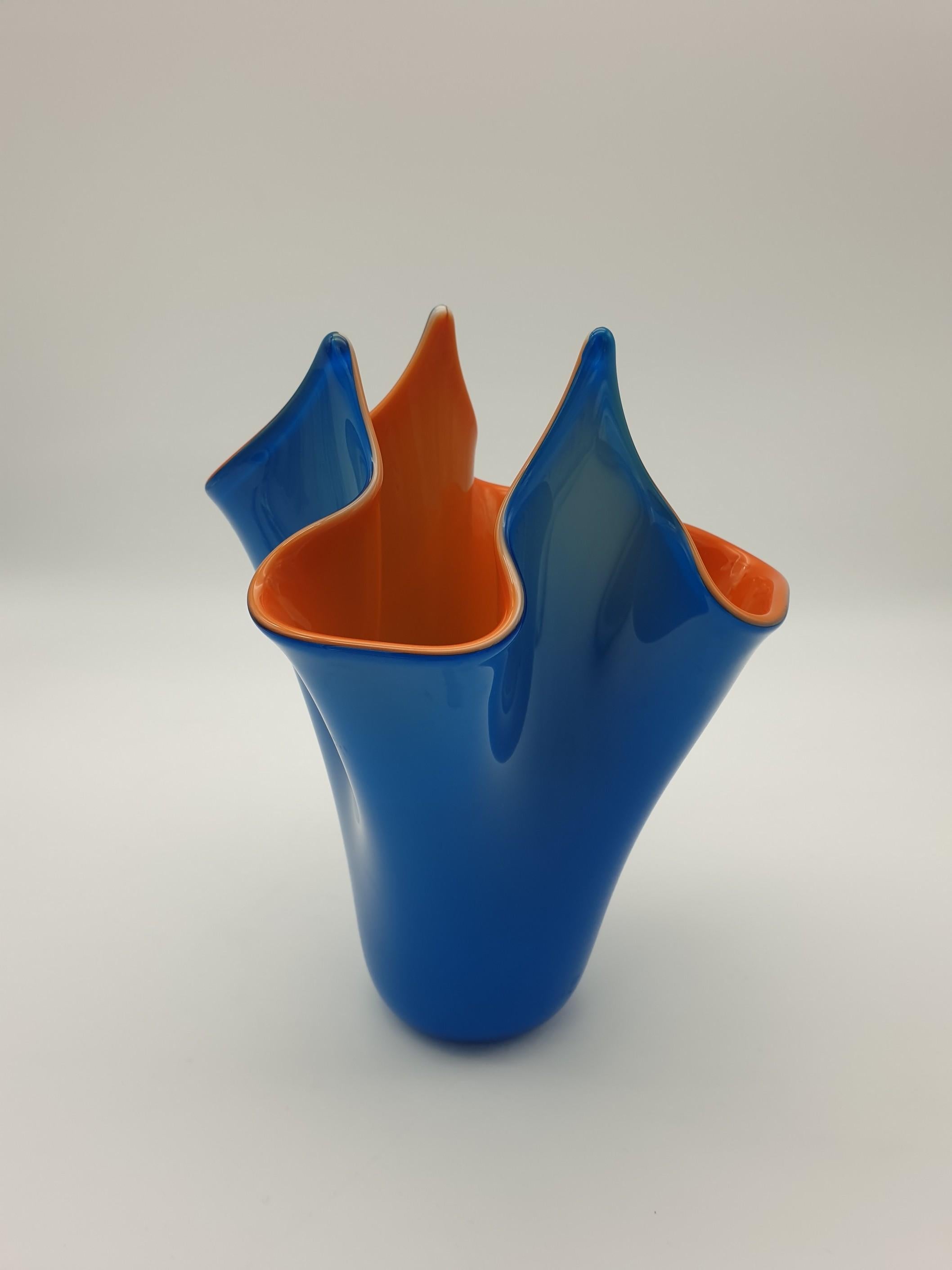 Hand-Crafted Modern Blue and Orange Incamiciato Fazzoletto Murano Glass Vase by Gino Cenedese For Sale