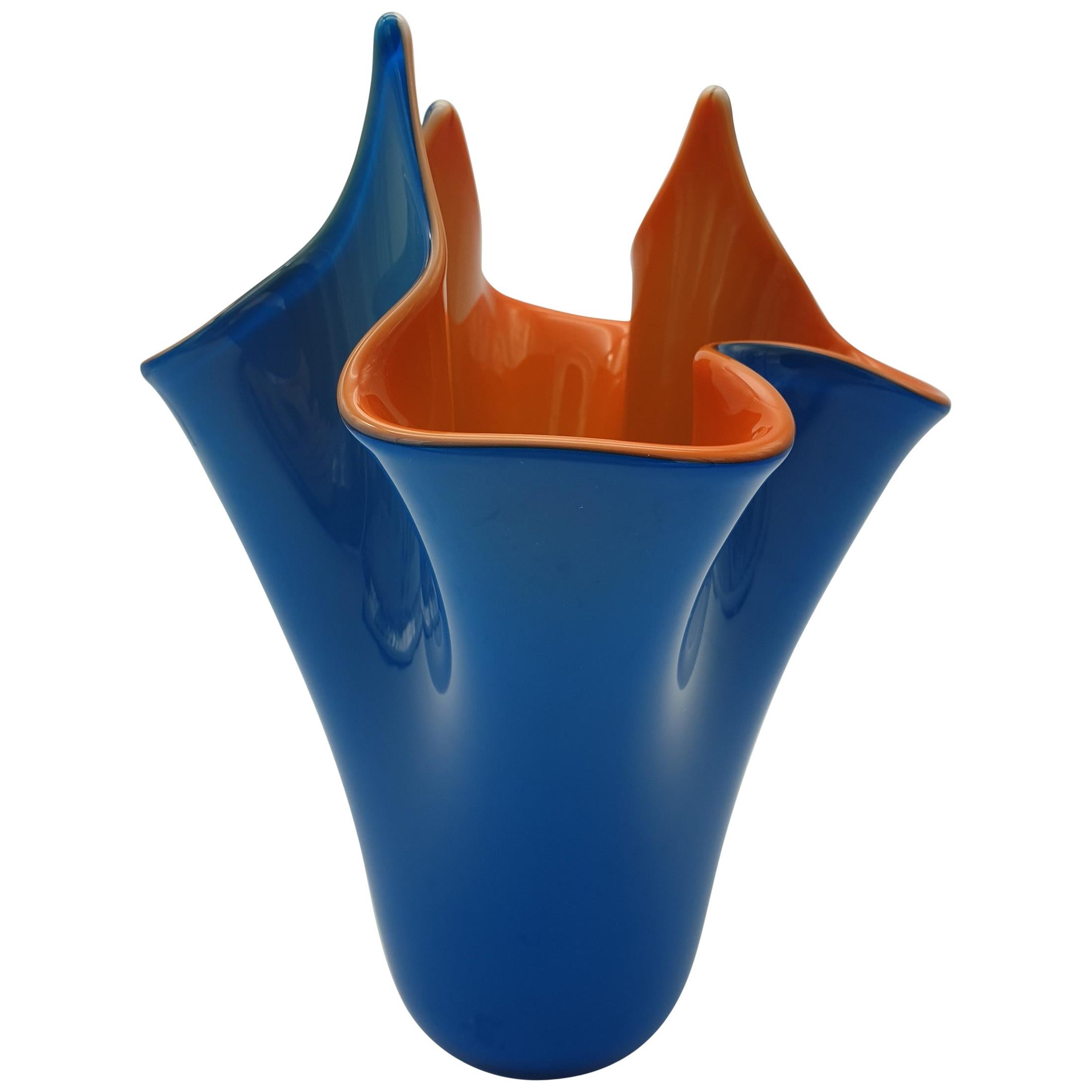 Modern Blue and Orange Incamiciato Fazzoletto Murano Glass Vase by Gino Cenedese For Sale