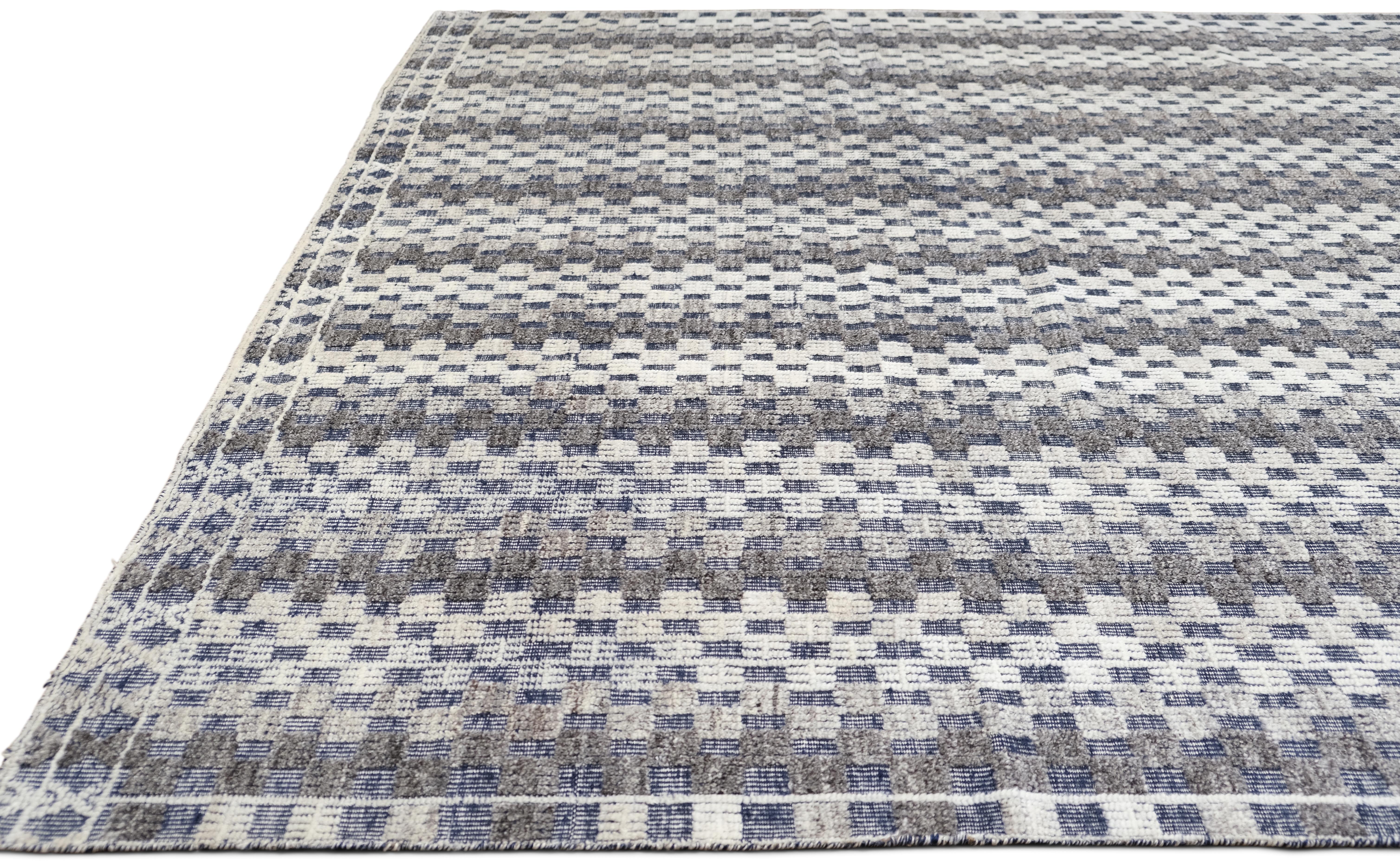 Moderner blau-weiß karierter Teppich 10'x13'10'' (Handgeknüpft) im Angebot