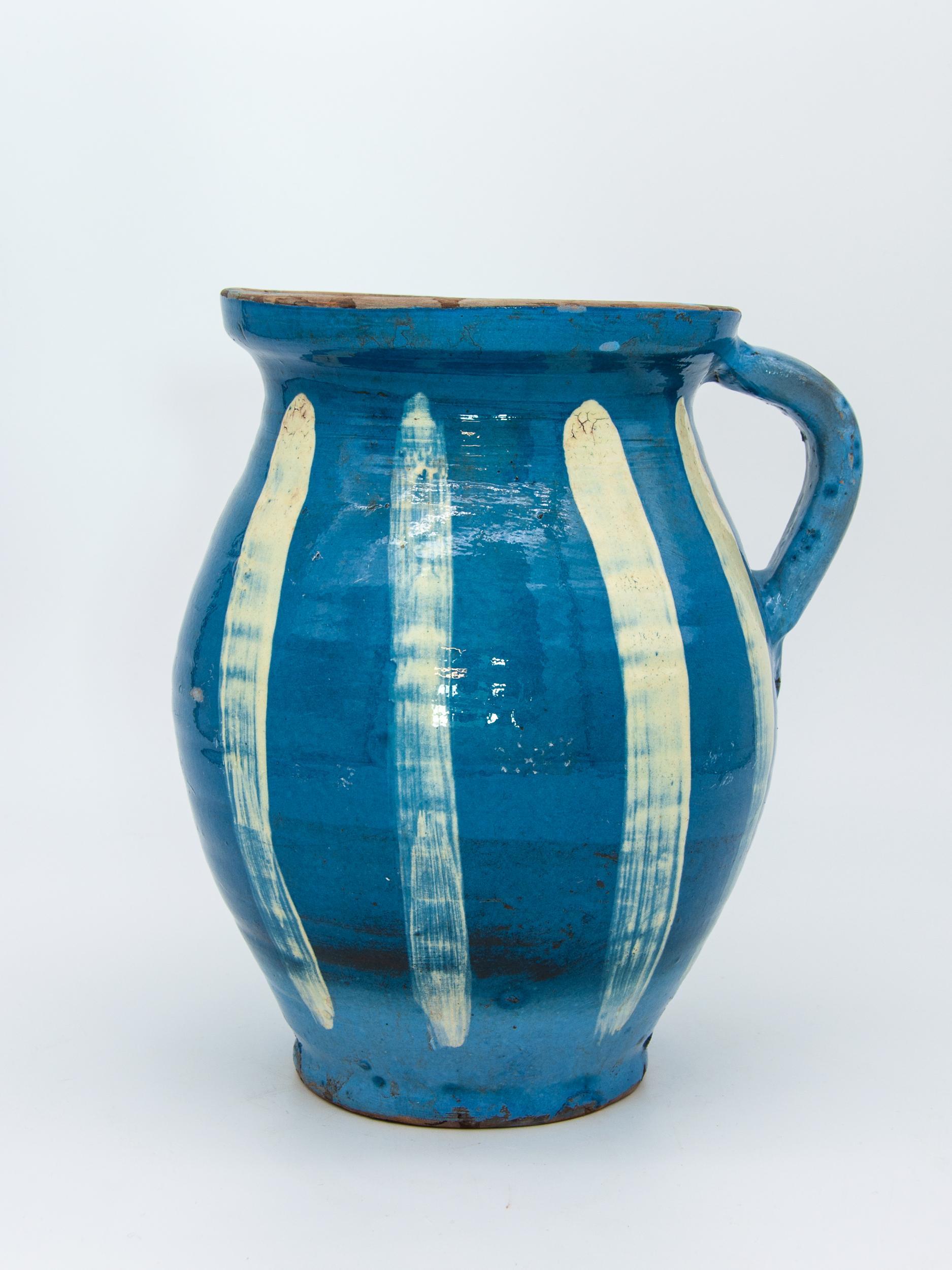 British Modern Blue and White Glazed Ceramic Pitcher