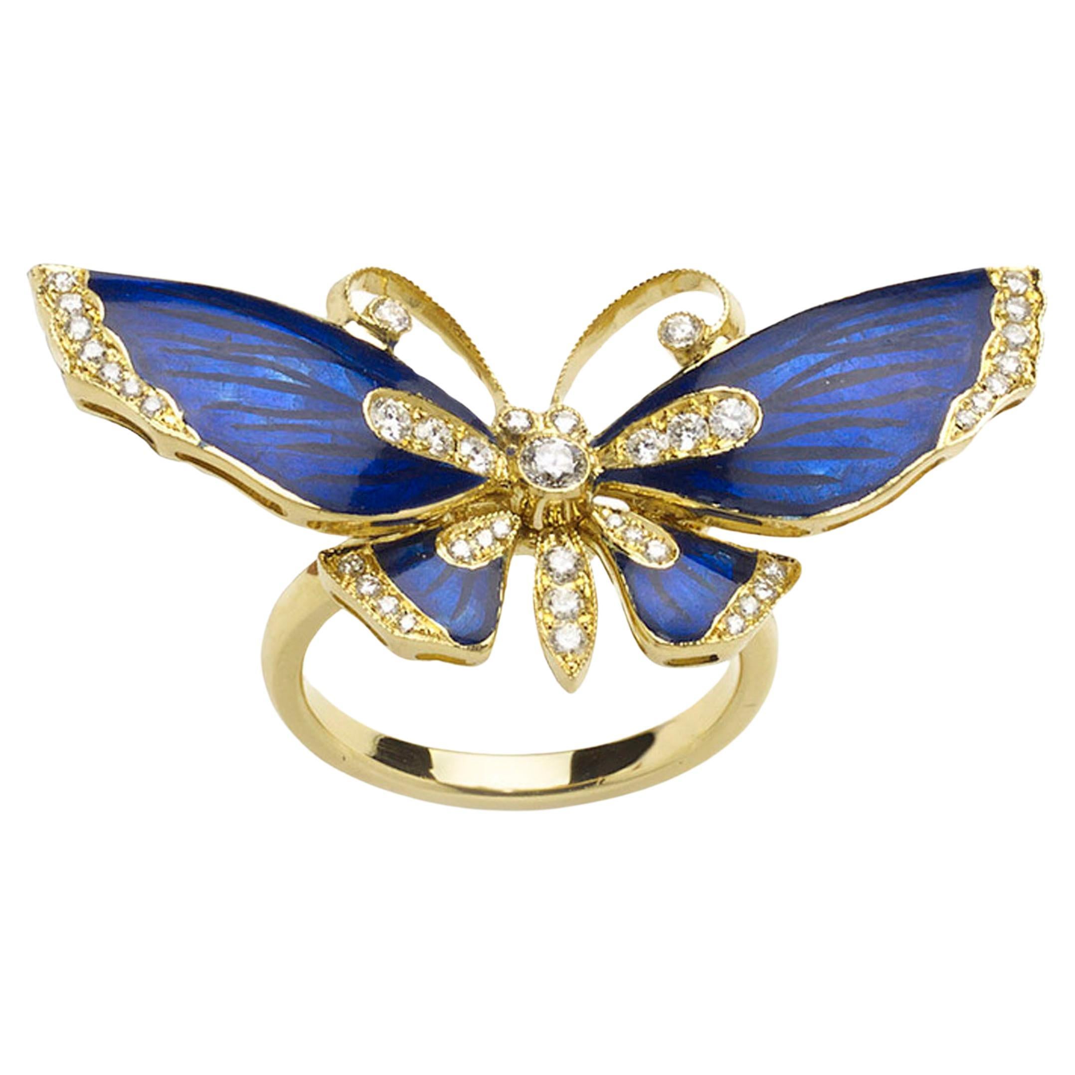 Bague papillon moderne en émail bleu de Basse Taille, diamants et or en vente