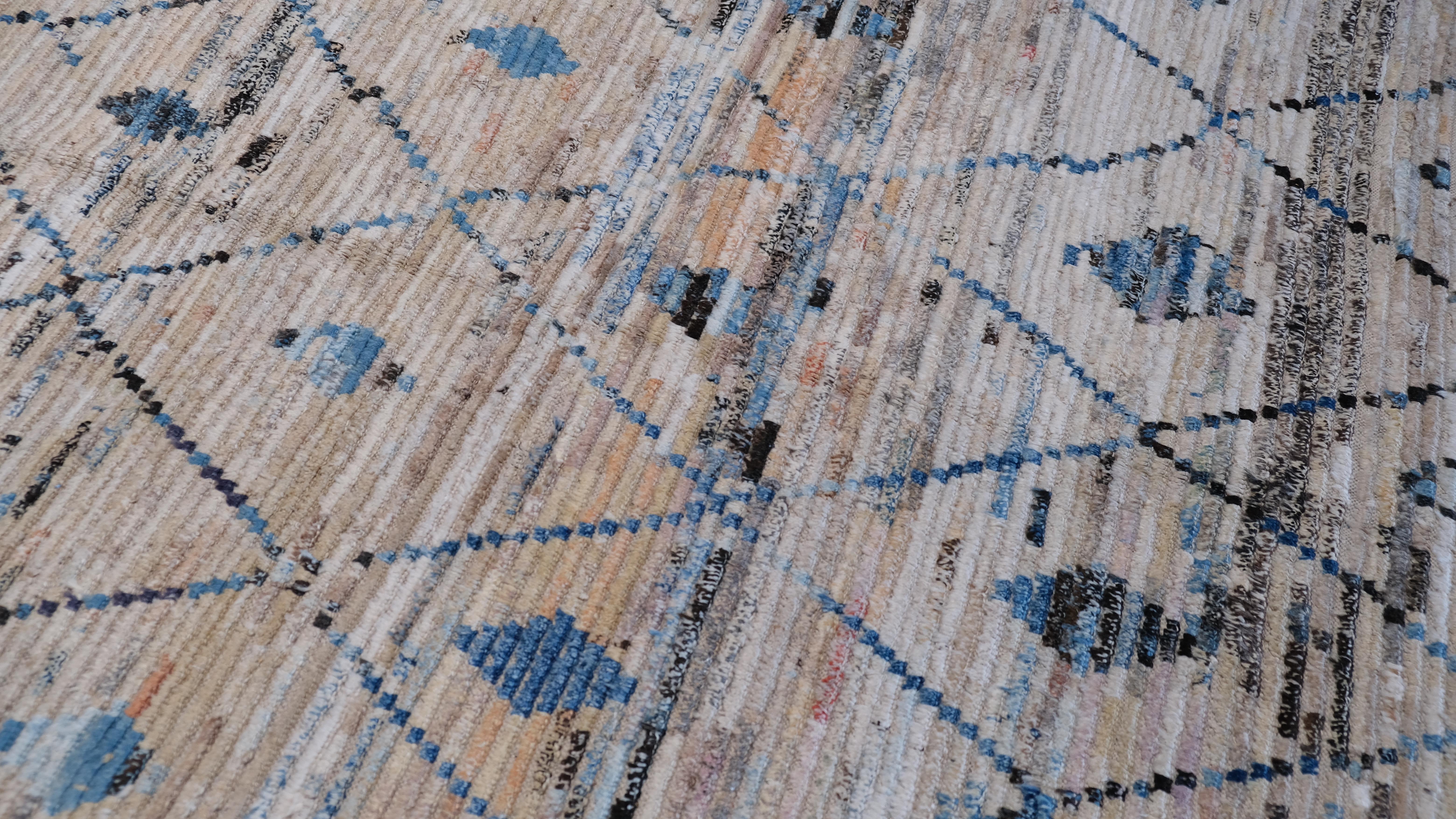 Afghan Tapis moderne en treillis géométrique bleu beige avec motifs de diamants 9'3''x12'4'' en vente