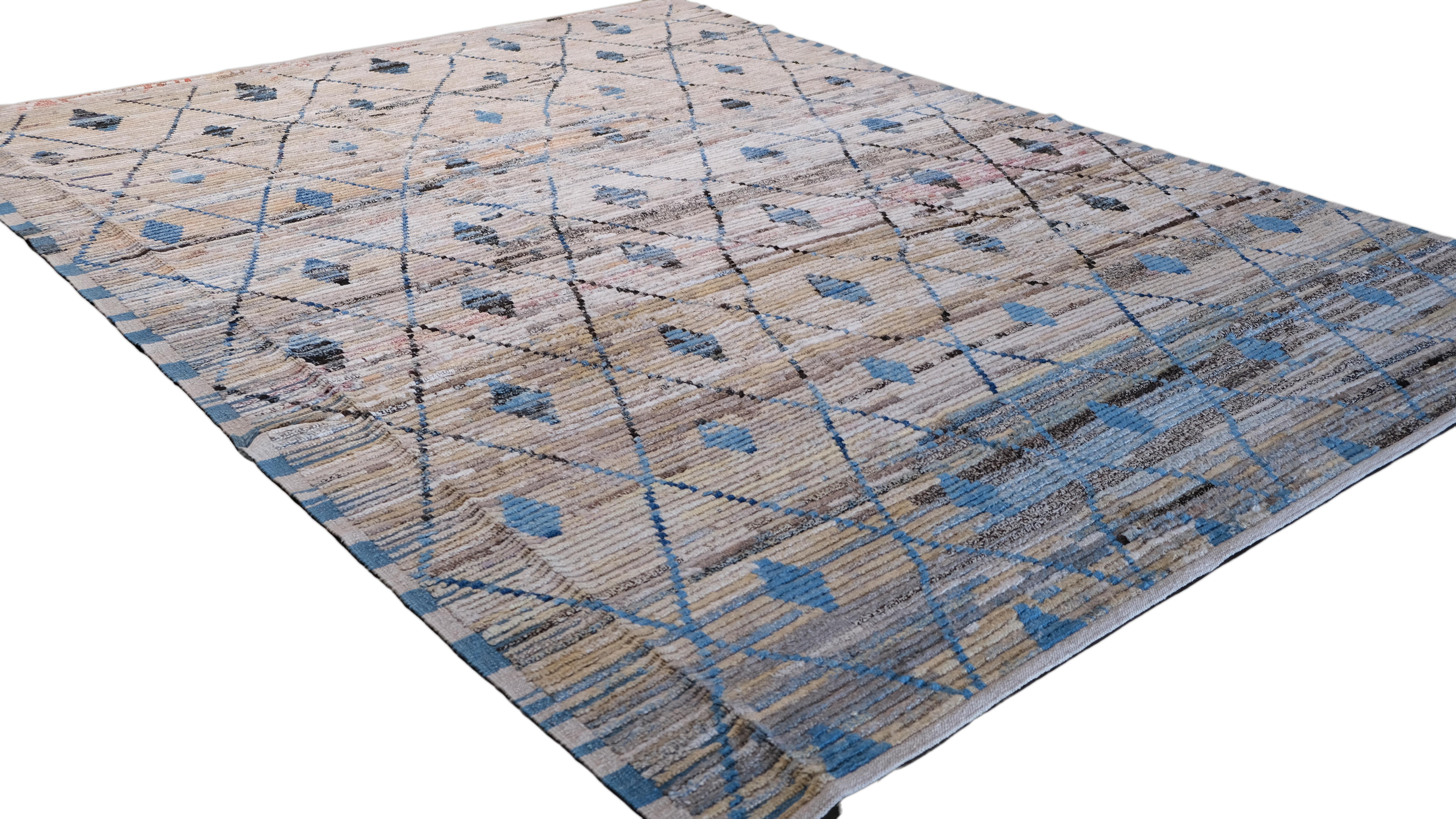 Noué à la main Tapis moderne en treillis géométrique bleu beige avec motifs de diamants 9'3''x12'4'' en vente