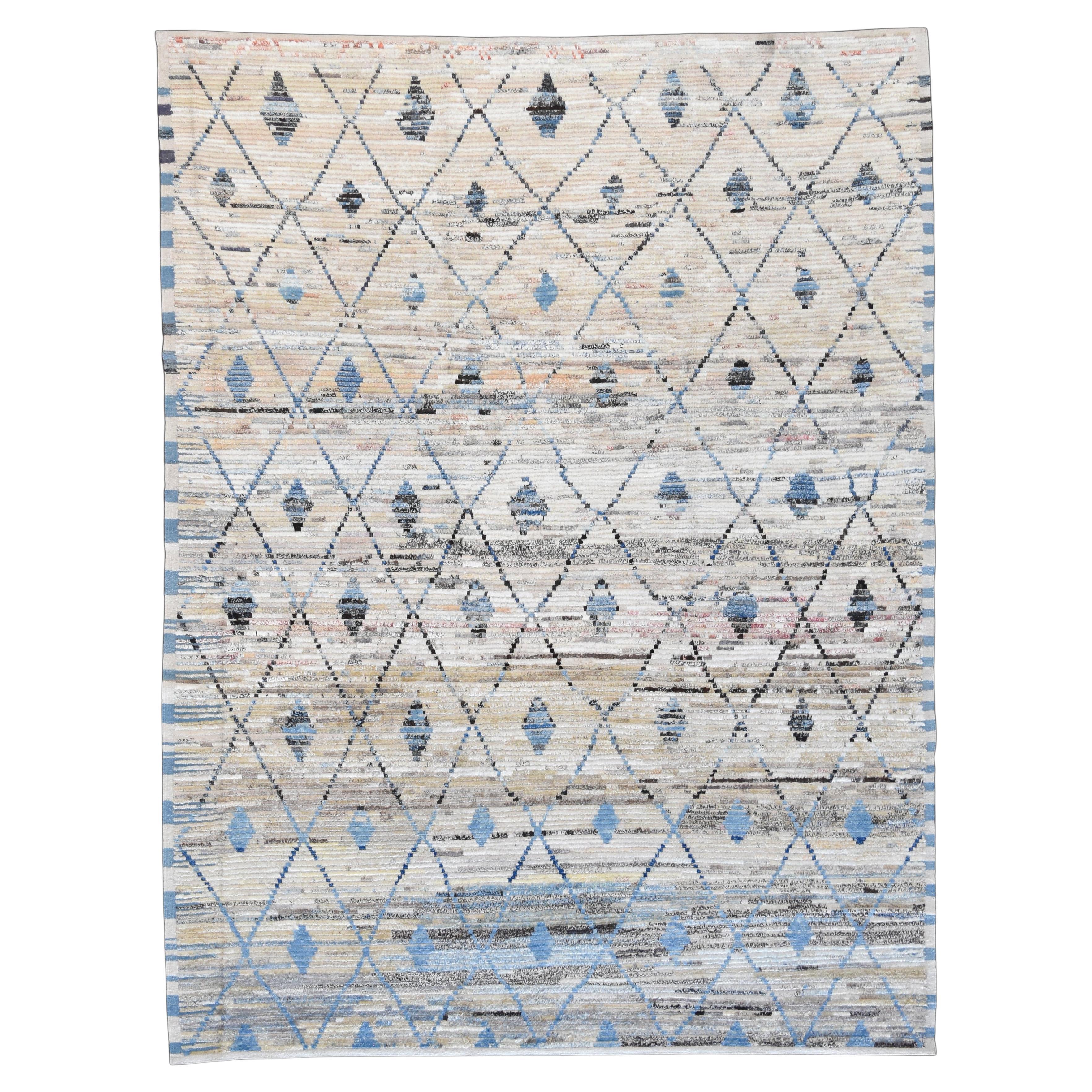 Modern Blue Beige Geometric Lattice with diamond motifs Wool Rug 9'3''x12'4''