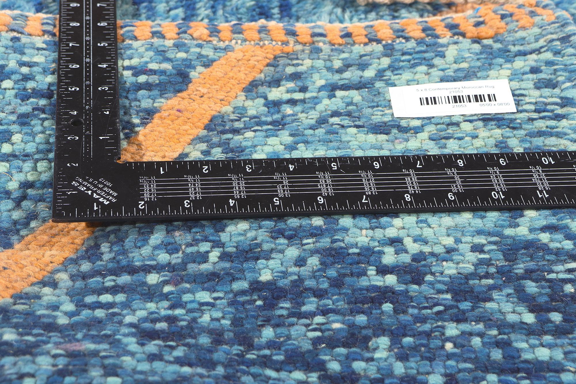 Wool Modern Blue Beni Mrirt Moroccan Rug, Cozy Nomad Meets Boho Chic