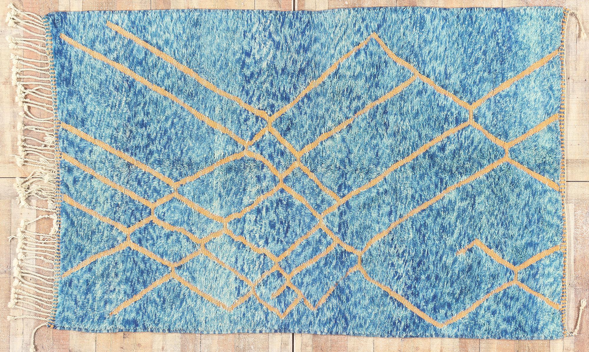 Modern Blue Beni Mrirt Moroccan Rug, Cozy Nomad Meets Boho Chic For Sale 3