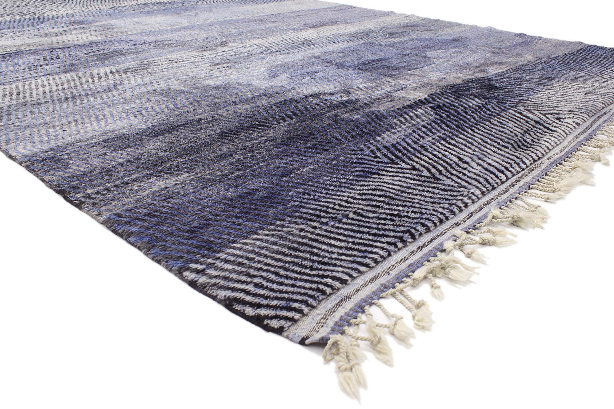 20526 Modern Blue Beni Mrirt Moroccan Rug, 09'04 x 13'02. Beni Mrirt rugs exemplify the revered tradition of Moroccan weaving, celebrated for their sumptuous texture, geometric motifs, and soothing earthy tones. Handcrafted by skilled artisans of