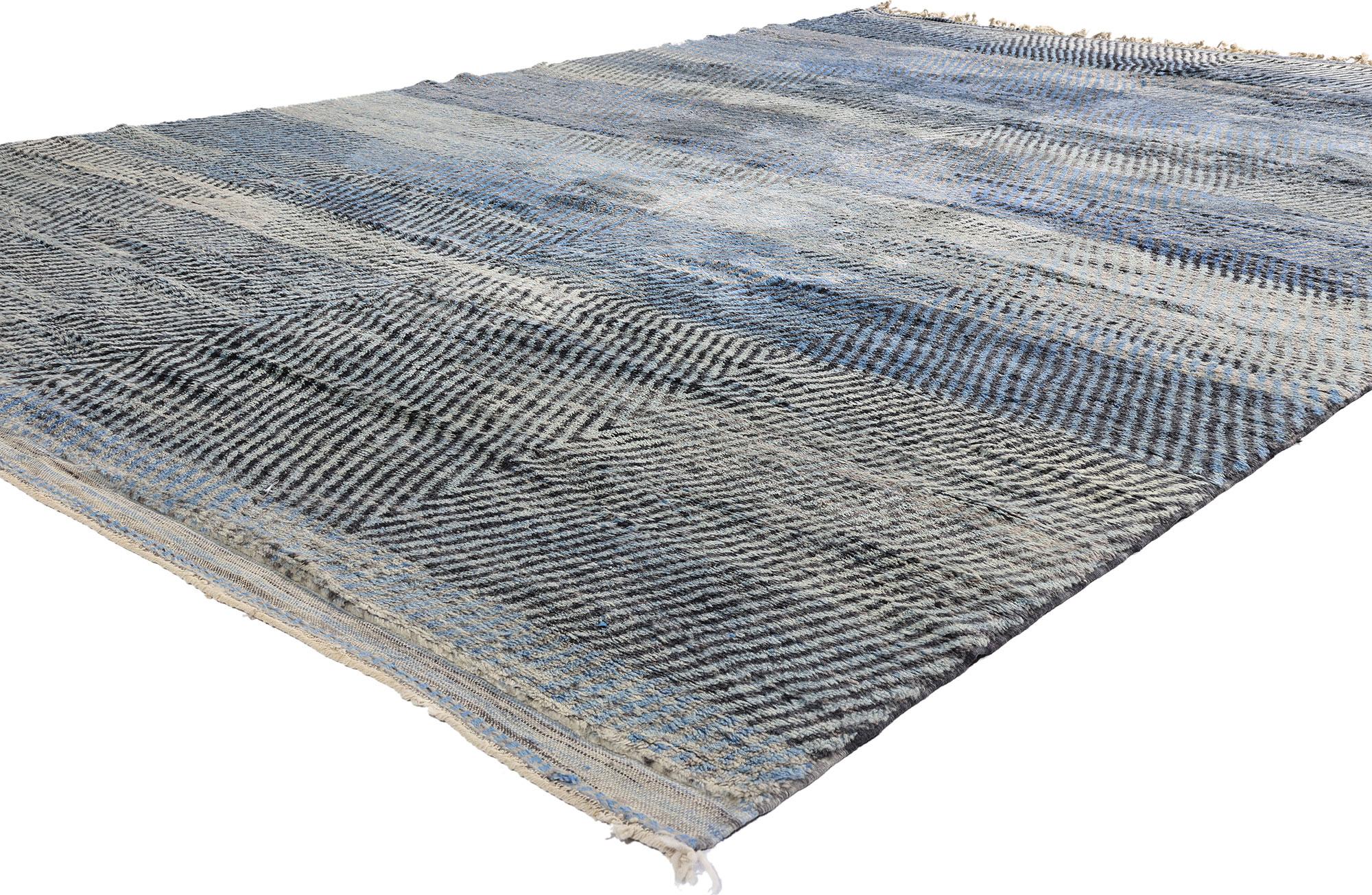 20526 New Modern Blue Beni Mrirt Moroccan Rug, 09'04 x 13'02. A study in movement, depth, and meditation, this hand-knotted wool modern Beni Mrirt Moroccan rug is a rare artifact that transcends the boundaries between textile and art. Woven with