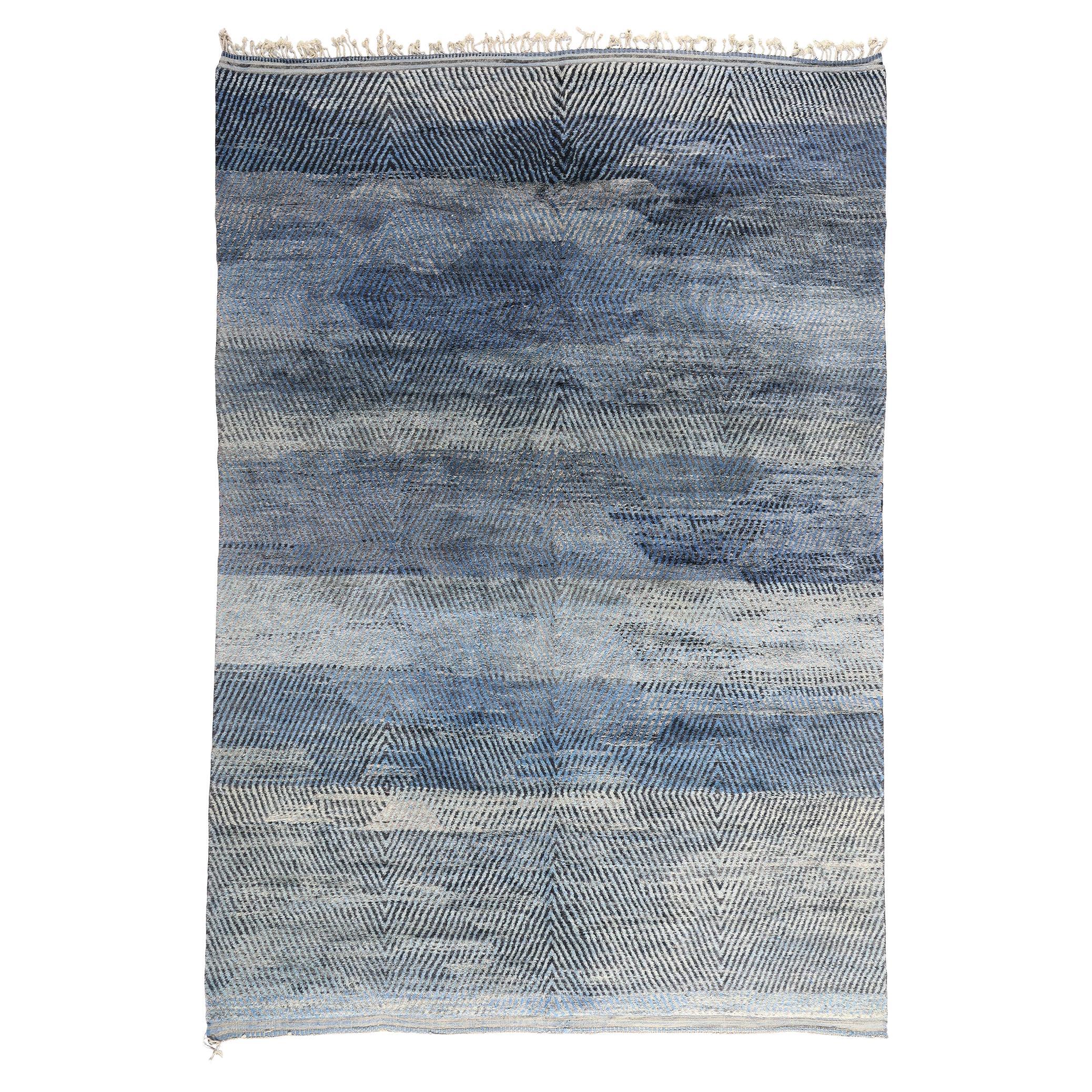 Alfombra marroquí moderna Beni Mrirt azul, el tranquilo Shibui se une al encanto tribal