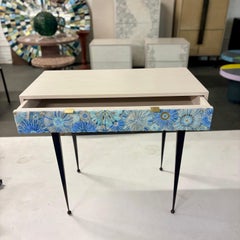 Modern Blue Blossom Glass Mosaic Desk with Pavia Metal Base by Ercole Home