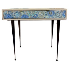 Modern Blue Blossom Glass Mosaic Desk with Pavia Metal Base by Ercole Home