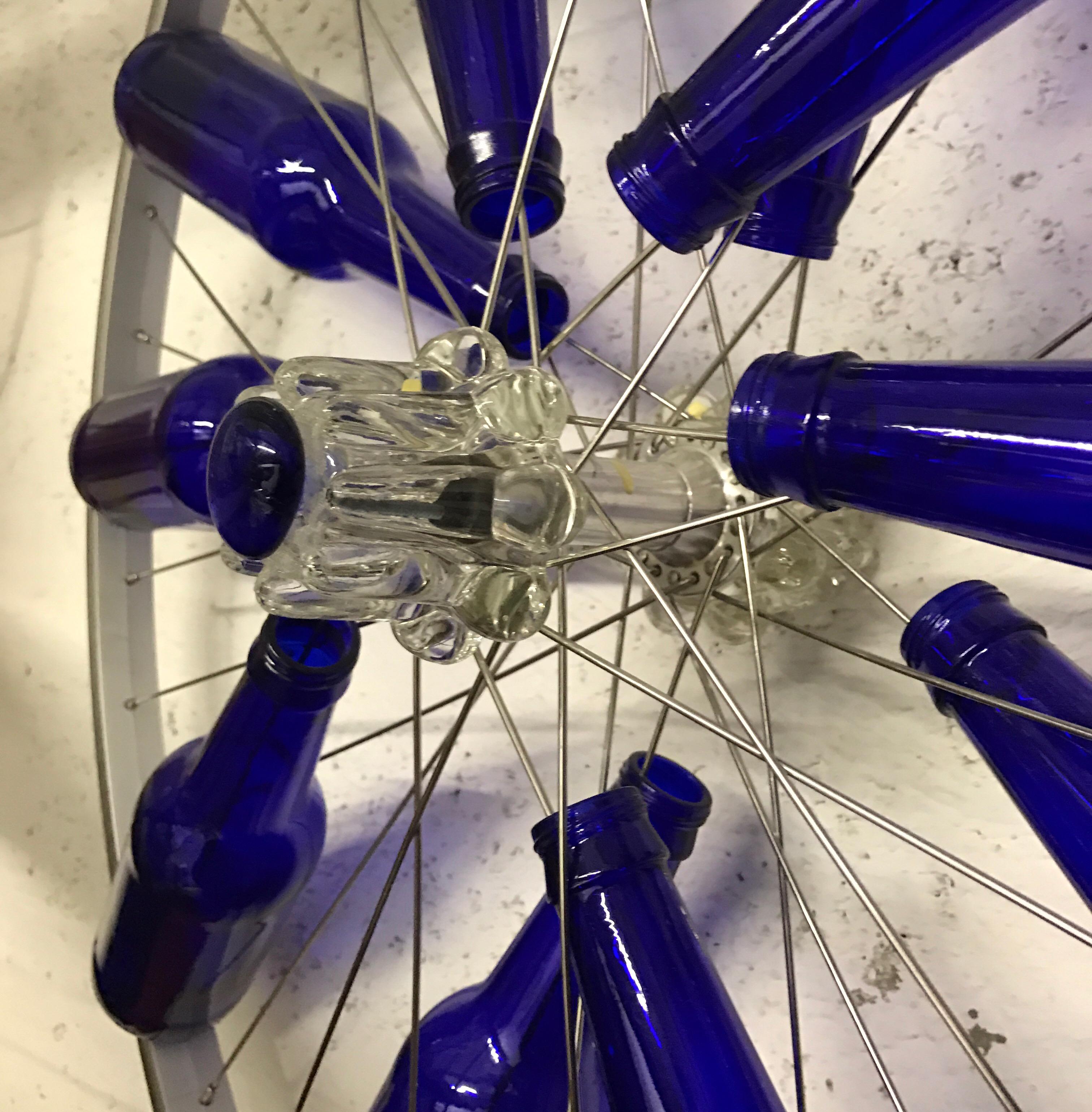 American Modern Blue Bottles on a Bike Wheel Sculpture