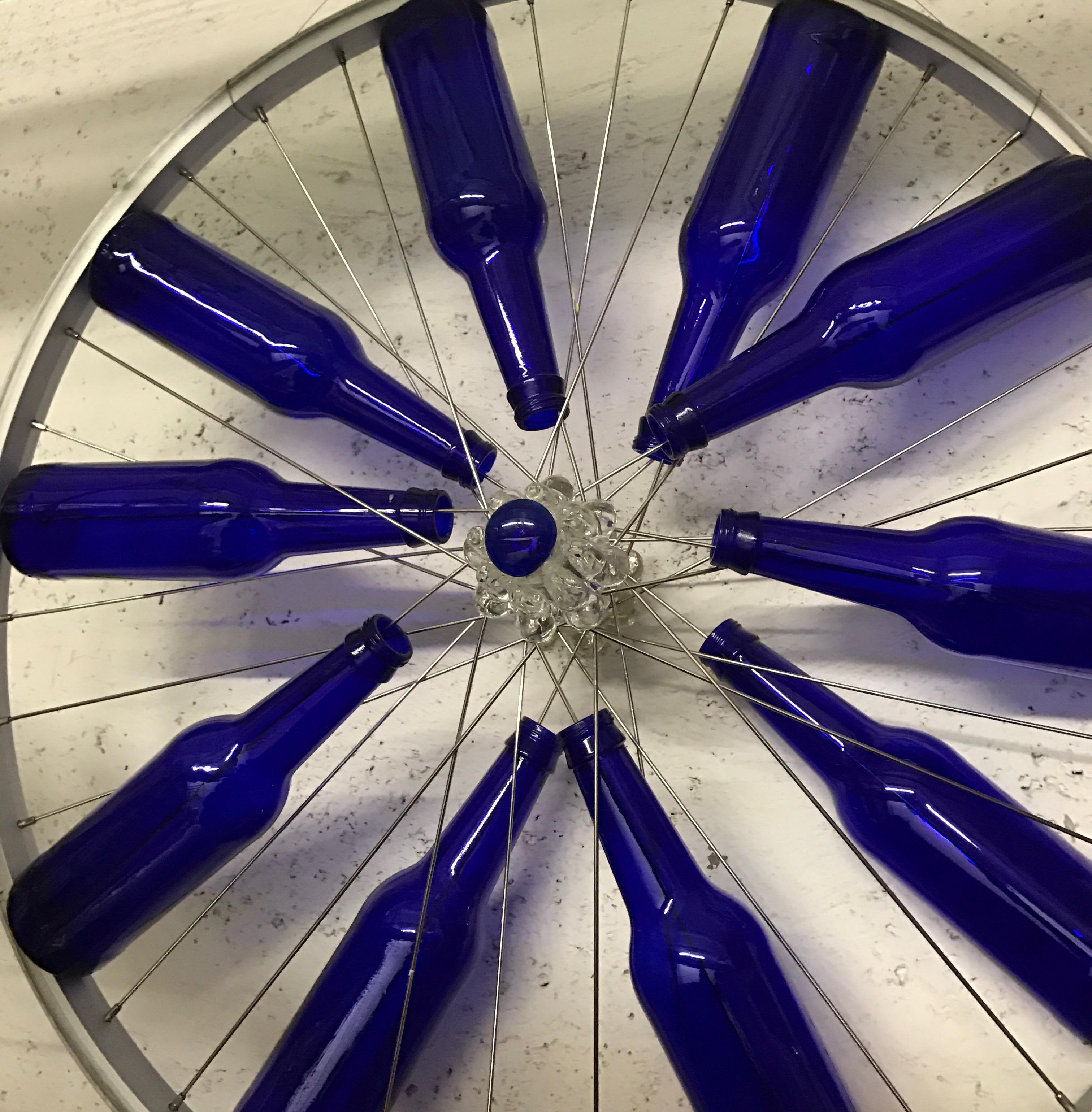 Hand-Crafted Modern Blue Bottles on a Bike Wheel Sculpture
