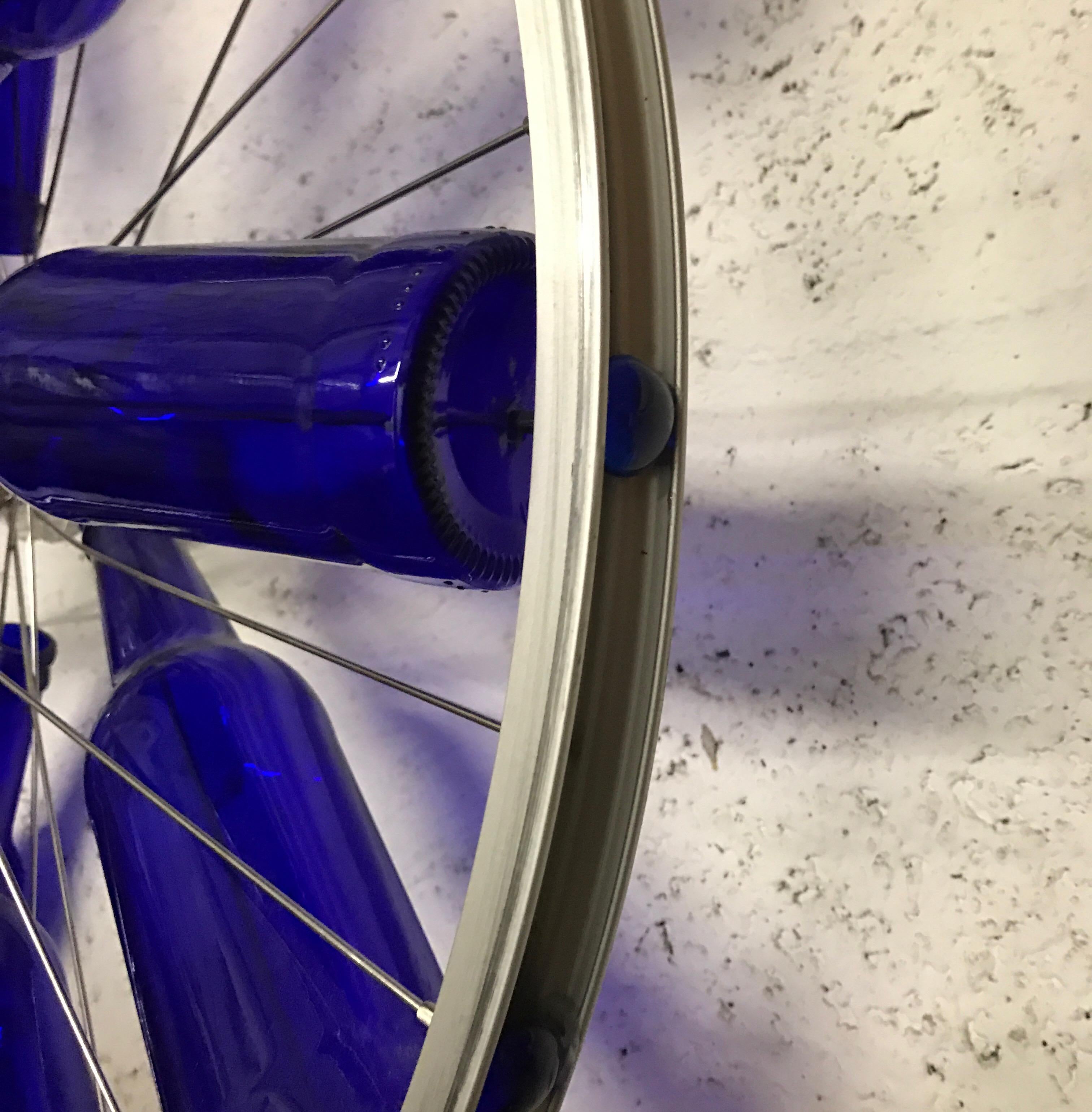 Modern Blue Bottles on a Bike Wheel Sculpture In Excellent Condition In Oakland Park, FL