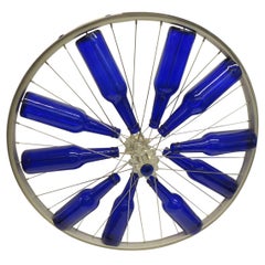 Vintage Modern Blue Bottles on a Bike Wheel Sculpture