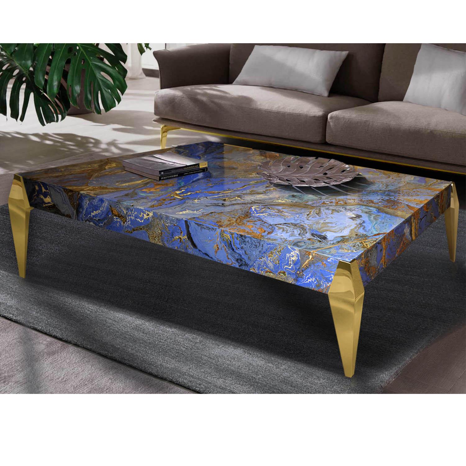 Modern Coffee table Blue scagliola art top gold leaf wooden feet handmade in Italy  For Sale