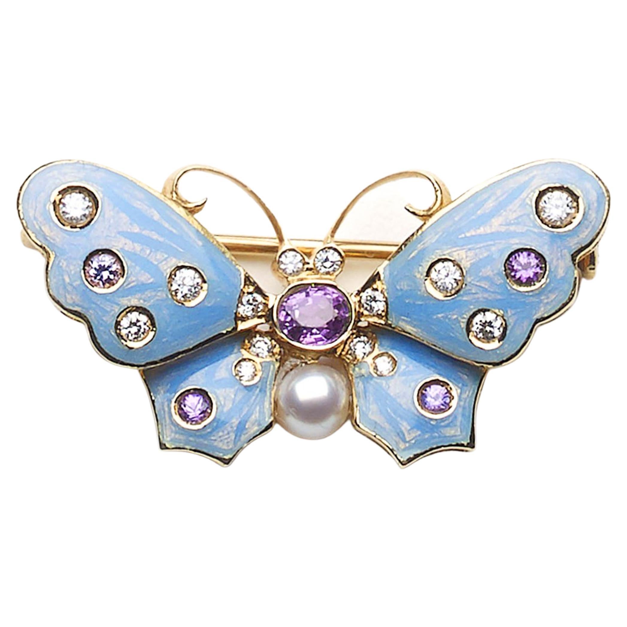 Modern Blue Enamel, Purple Sapphire, Diamond, Pearl And Gold Butterfly Brooch For Sale