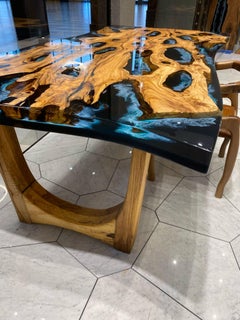 Modern Blue Epoxy River Dining Table - Wood Resin Ocean Design Handmade Table