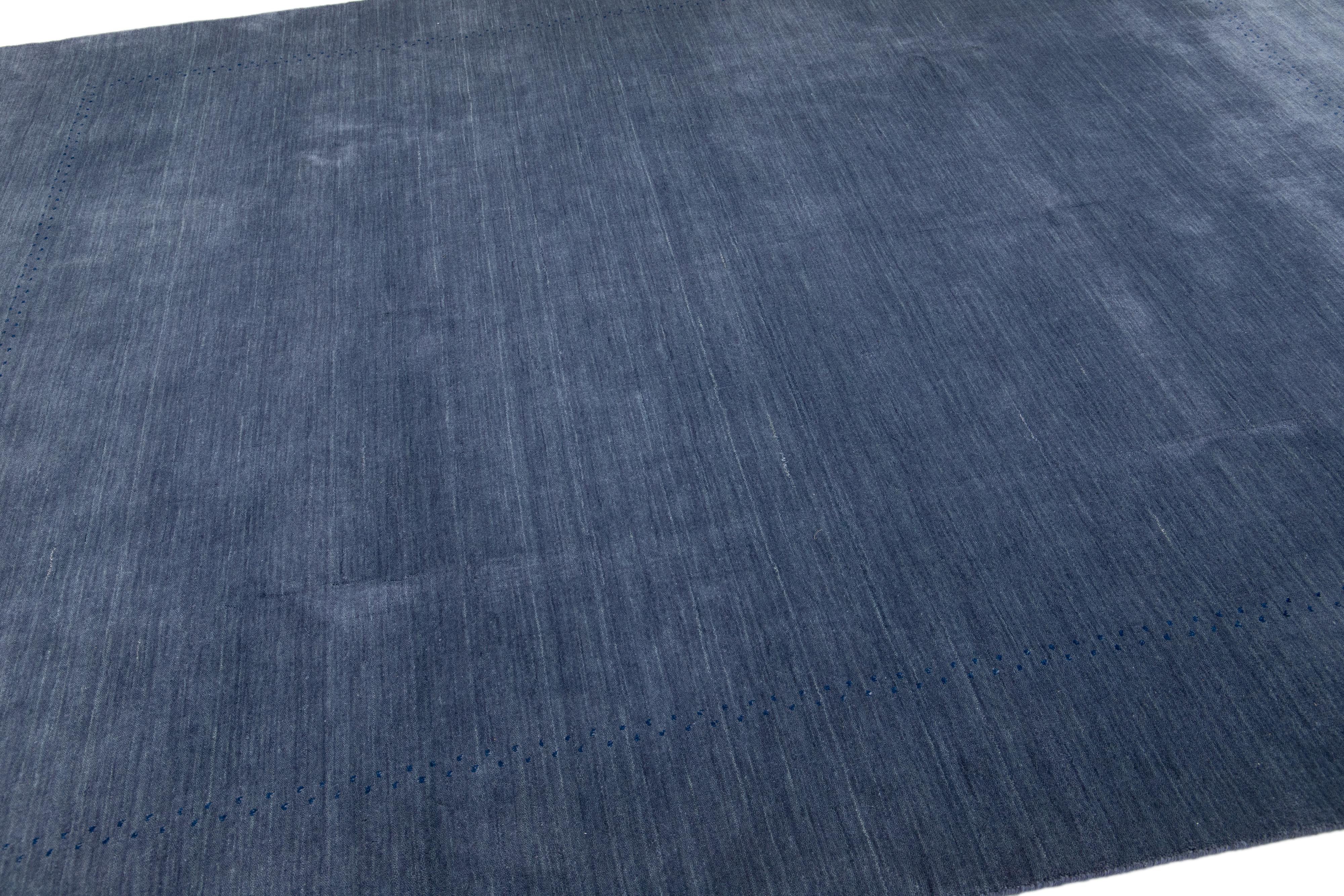 Hand-Woven Modern Blue Gabbeh Hand-Loom Wool Rug with Minimal Design For Sale