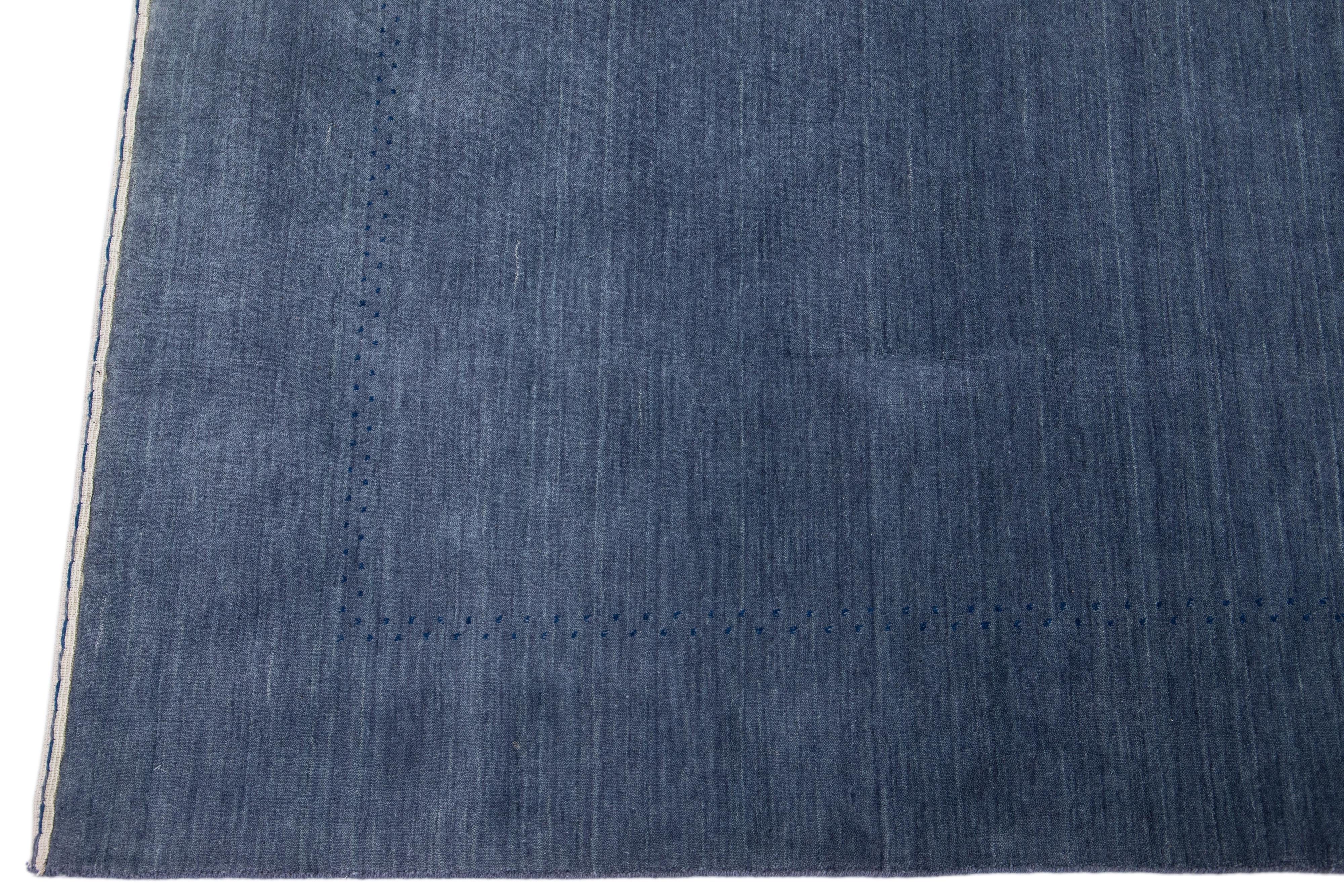 Modern Blue Gabbeh Hand-Loom Wool Rug with Minimal Design In New Condition For Sale In Norwalk, CT