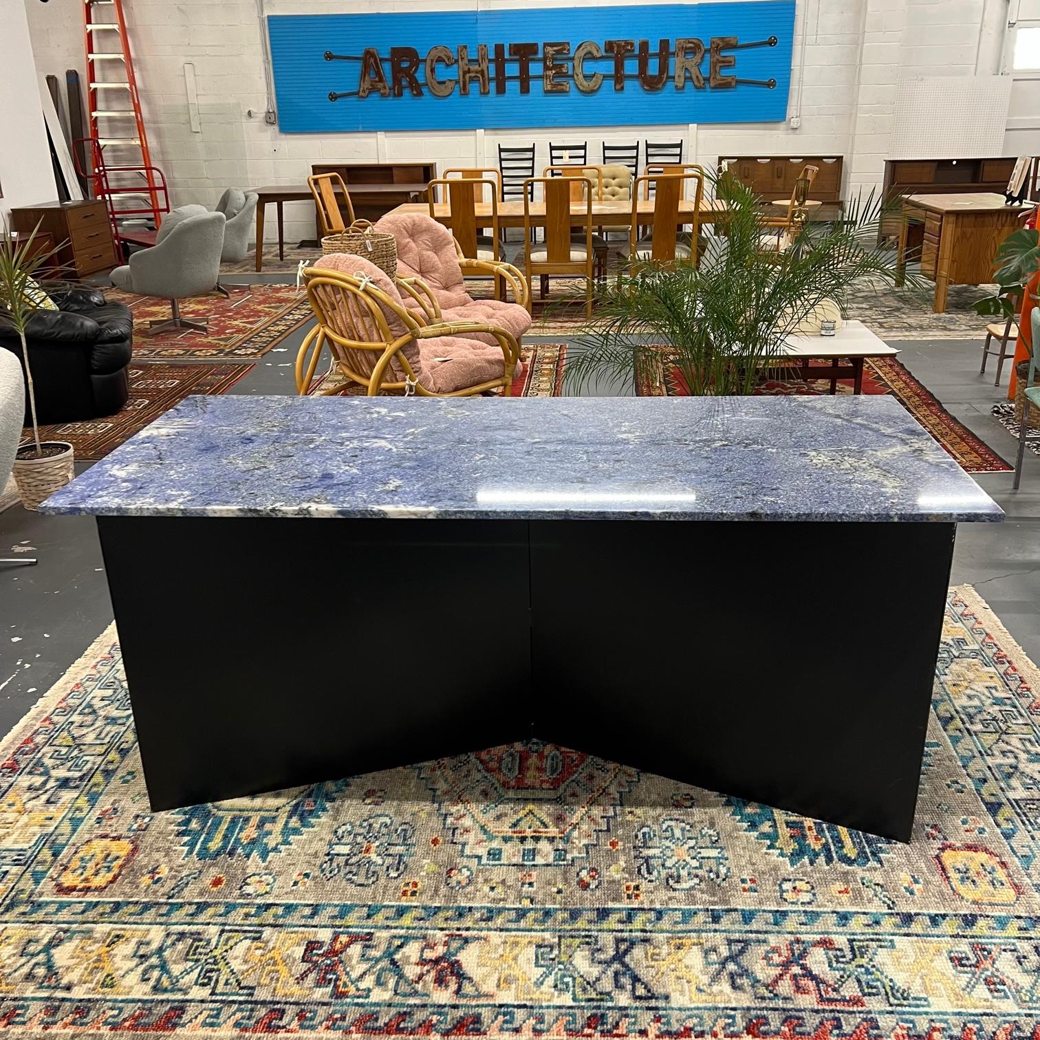 Post-Modern Modern Blue Granite Kitchen Island/Console Table w/ Handmade Black Steel Base For Sale