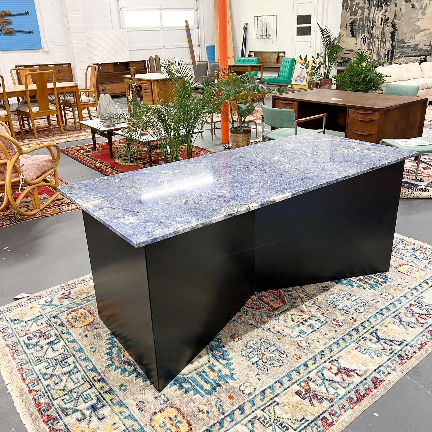 Modern Blue Granite Kitchen Island/Console Table w/ Handmade Black Steel Base In Good Condition For Sale In Asheville, NC