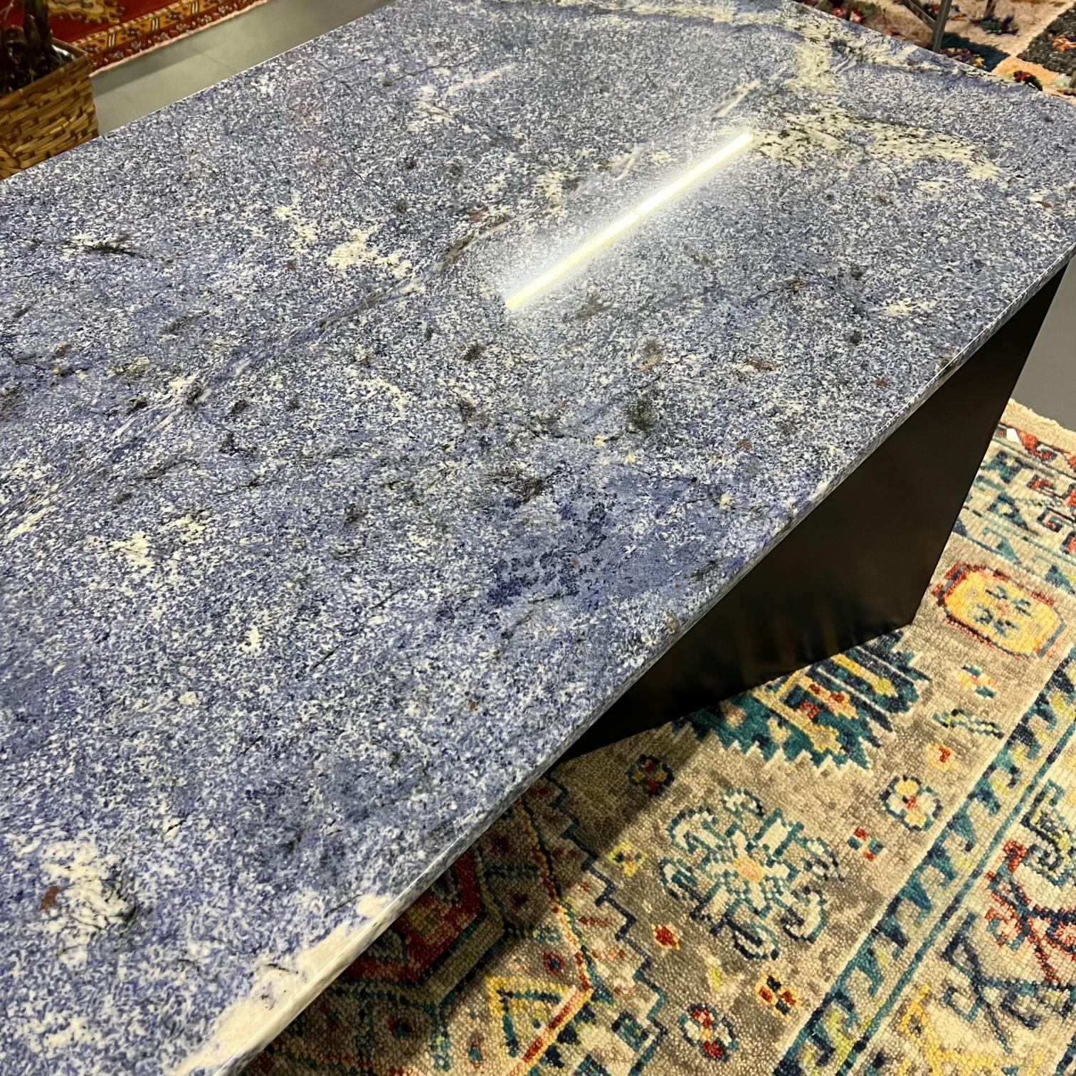 Modern Blue Granite Kitchen Island/Console Table w/ Handmade Black Steel Base For Sale 2