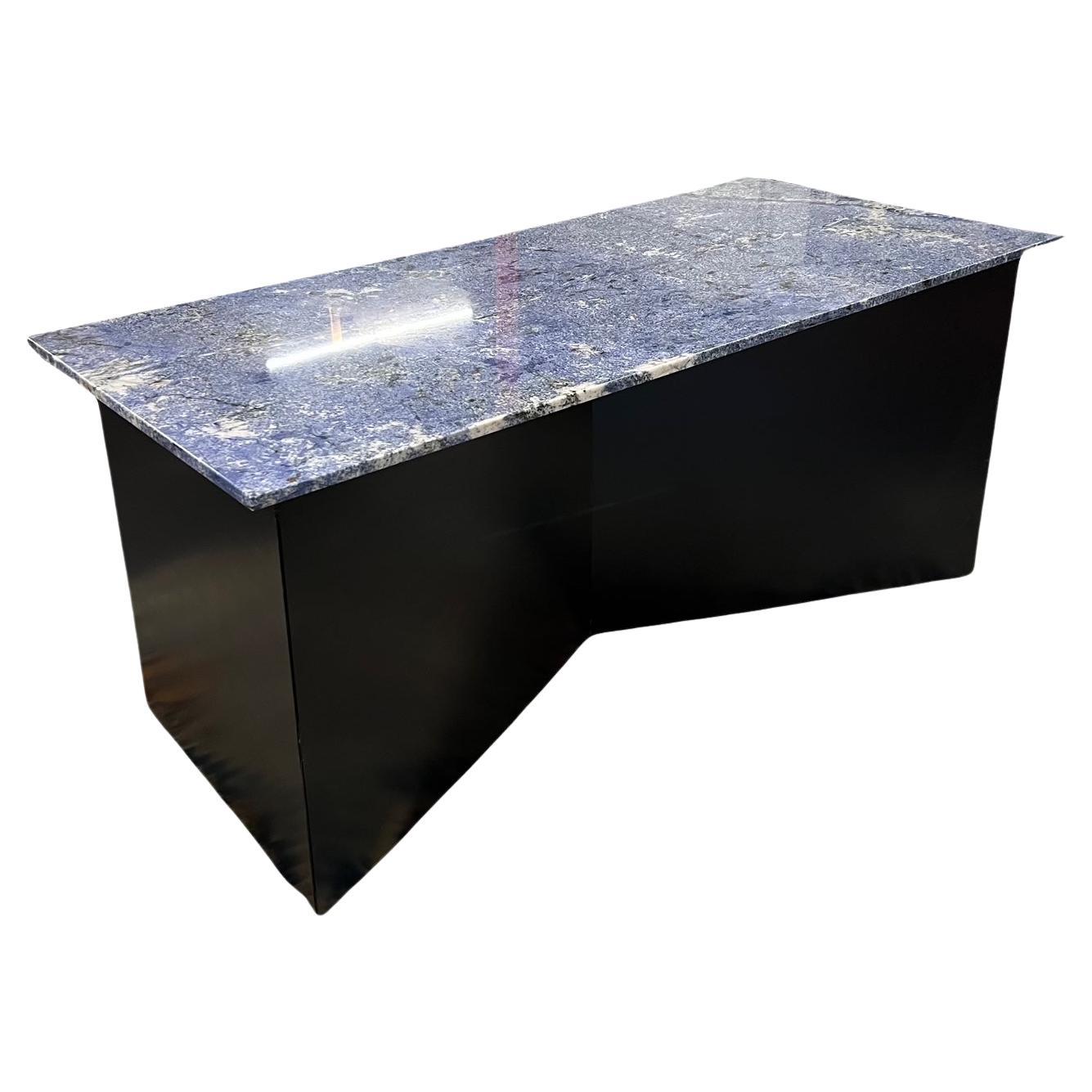 Modern Blue Granite Kitchen Island/Console Table w/ Handmade Black Steel Base For Sale