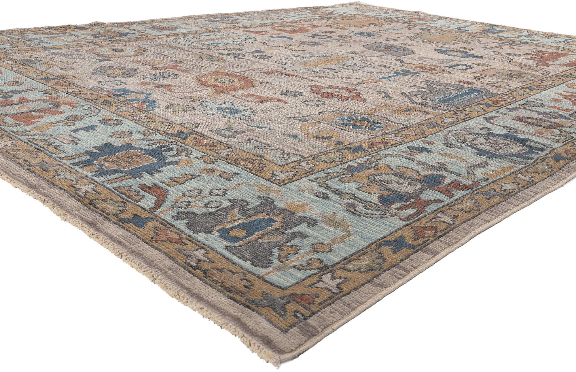 81004 Modern Oushak Rug with Earth-Tone Colors, 08'11 x 12'00. Emanating enduring Georgian elegance through meticulous craftsmanship and sumptuous texture, this hand-knotted wool Oushak rug seamlessly channels the sophistication of the era while