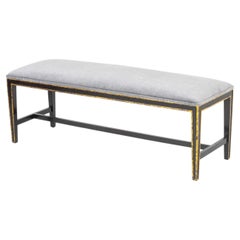 Modern Blue Gray Velvet Upholstered Ebonized Bench