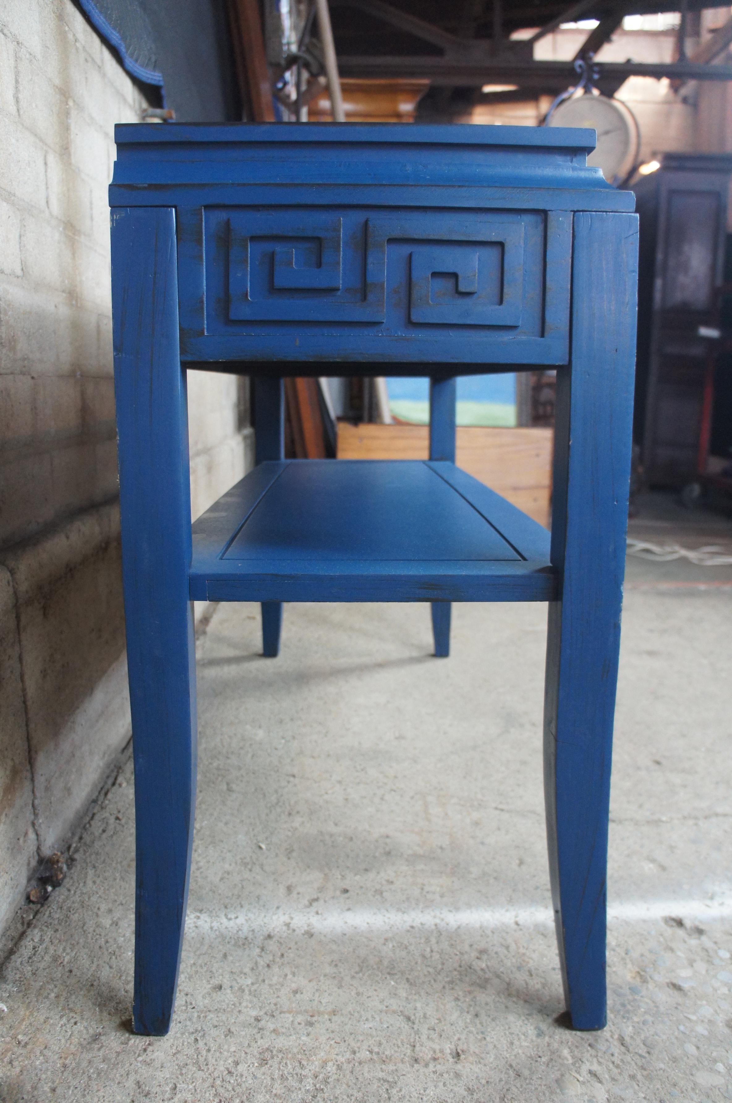Hardwood Modern Blue Greek Key Chinoiserie Console Hall Entry Media Display Table