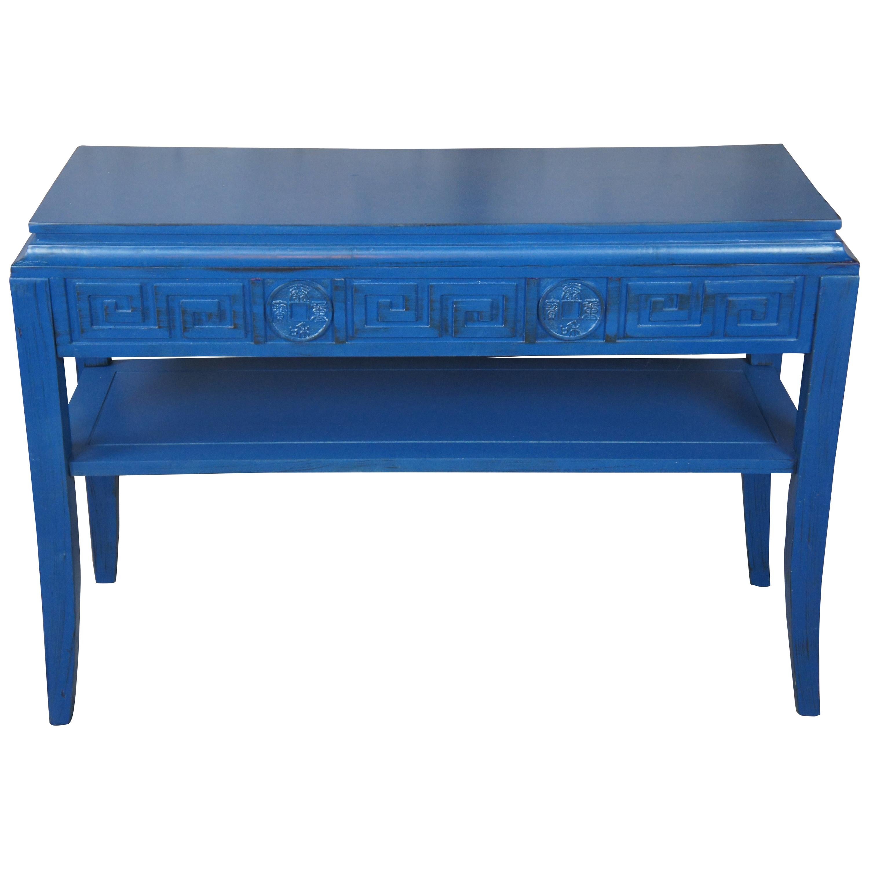 Modern Blue Greek Key Chinoiserie Console Hall Entry Media Display Table