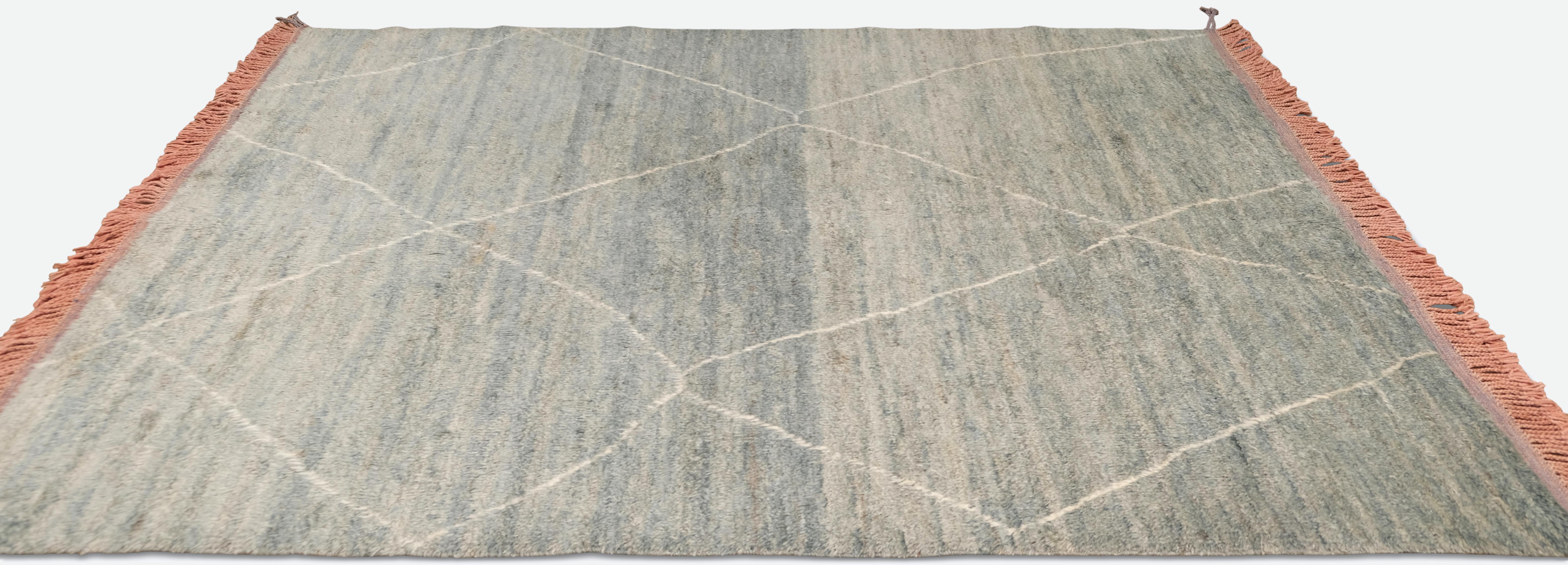 Modern Blue Green Moroccan-Inspired Diamond Design Wool Rug 6'x8' In New Condition For Sale In Torrance, CA