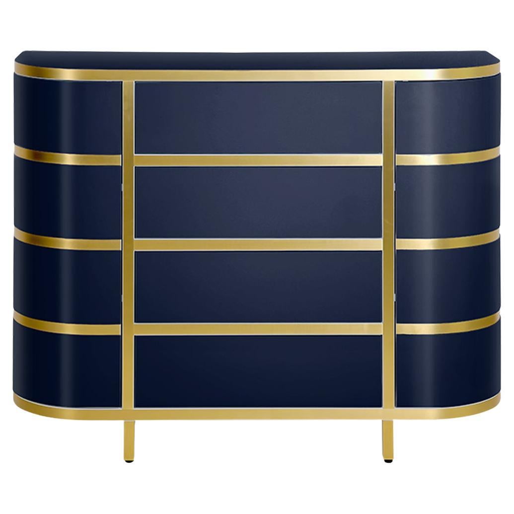 Console contemporaine arrondie bleue, blanche et noire haute brillance avec tiroirs