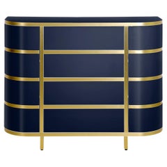 Contemporary Blue, White, Black High Gloss Rounded Console with drawers
