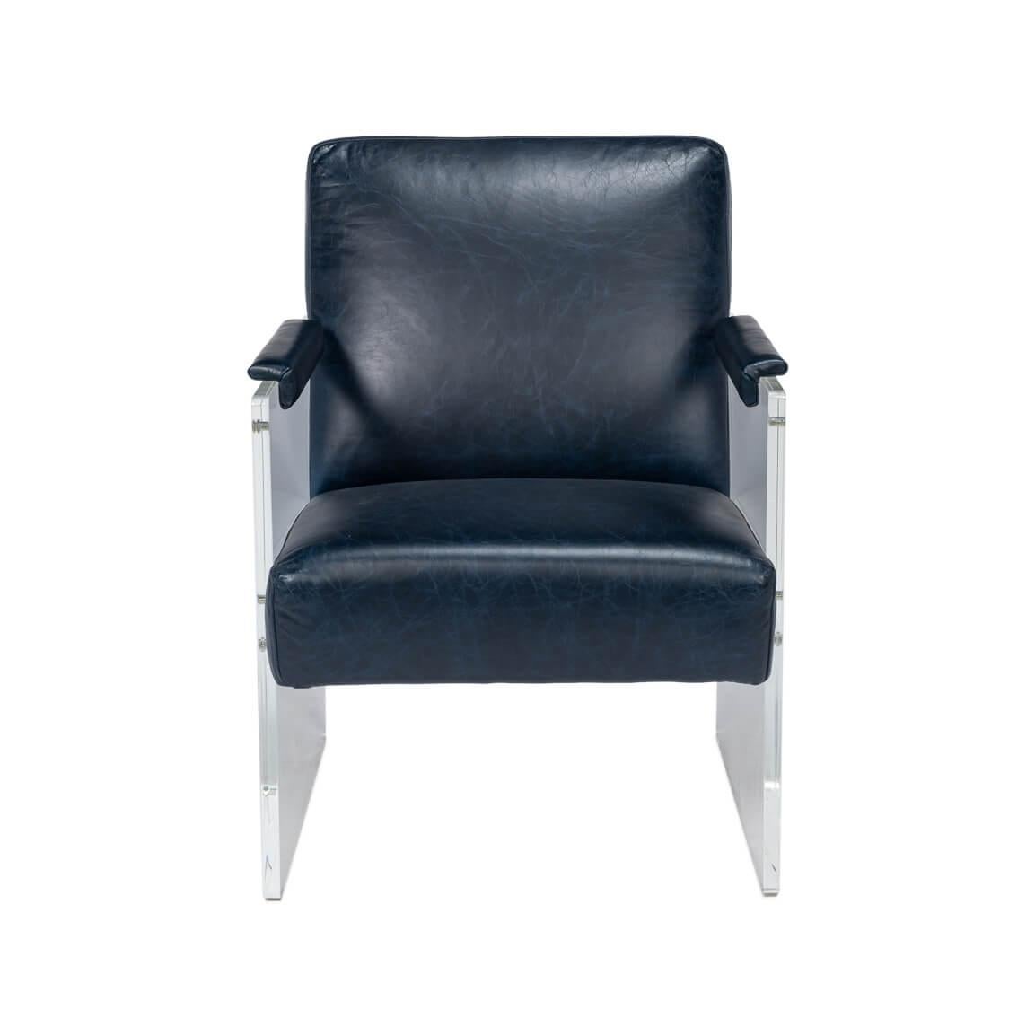 This chair features a bold fusion of avant-garde style and classic comfort. It showcases a sleek and updated Chateau Blue leather seat and backrest that provide a luxurious sitting experience, juxtaposed with clear acrylic side panels that create