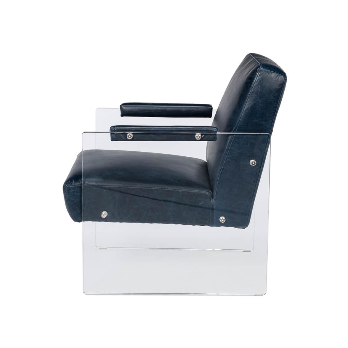 Moderner Sessel aus blauem Leder und Lucite (Moderne der Mitte des Jahrhunderts) im Angebot