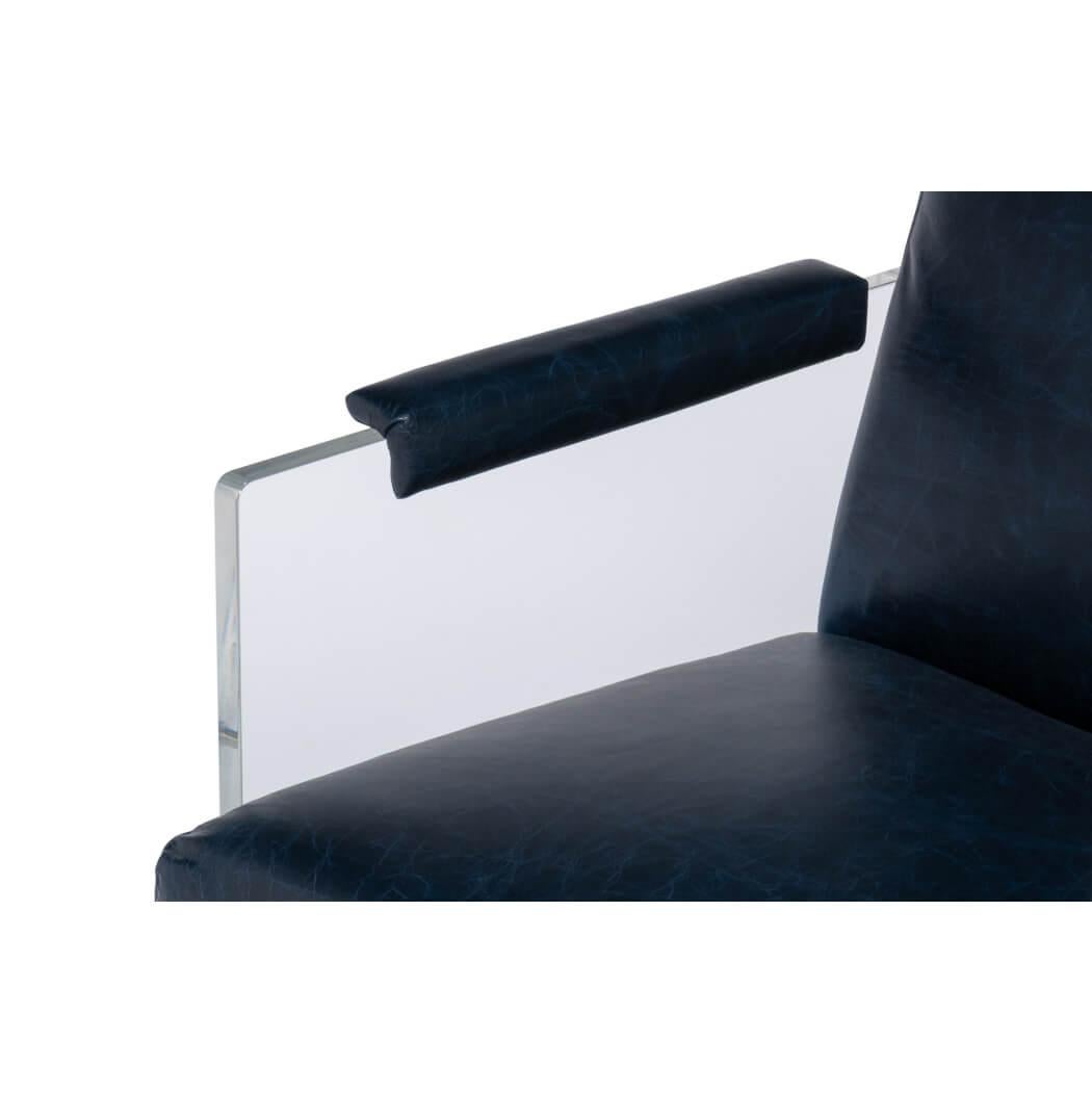 Contemporary Modern Blue Leather and Lucite Armchair For Sale