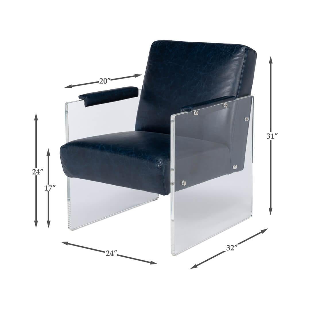 Modern Blue Leather and Lucite Armchair For Sale 2