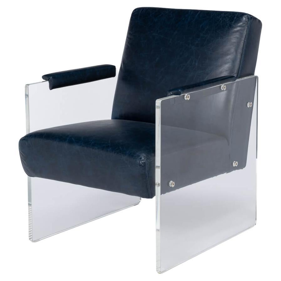 Modern Blue Leather and Lucite Armchair For Sale
