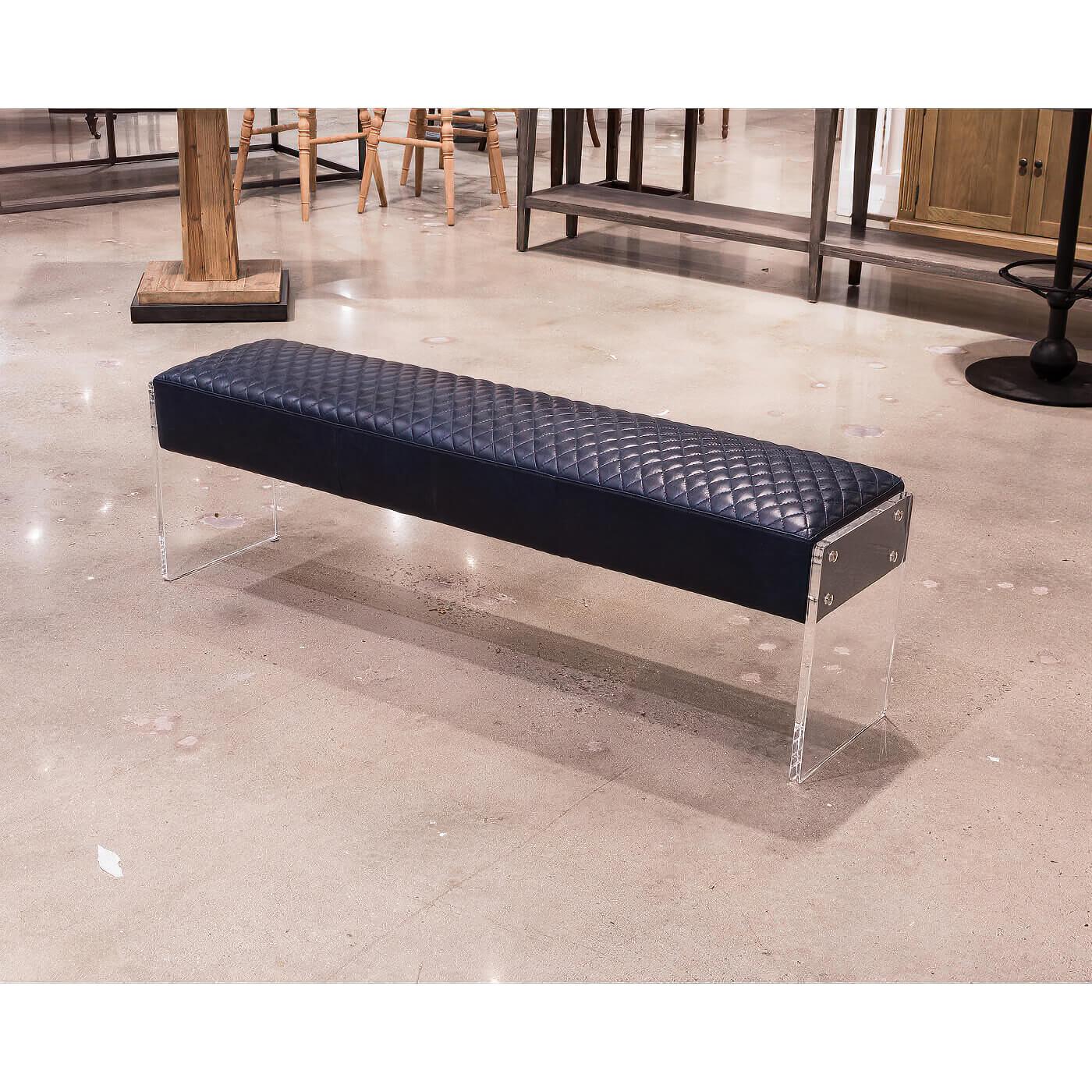 Modern Blue Leather and Lucite Bench In New Condition In Westwood, NJ