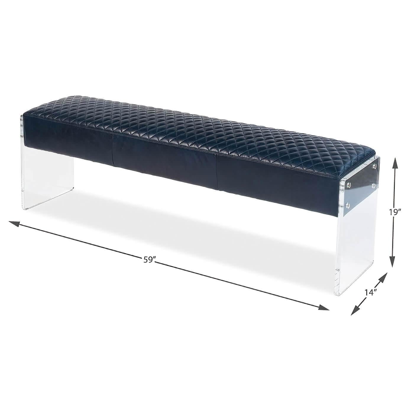 Contemporary Modern Blue Leather and Lucite Bench