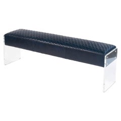 Modern Blue Leather and Lucite Bench