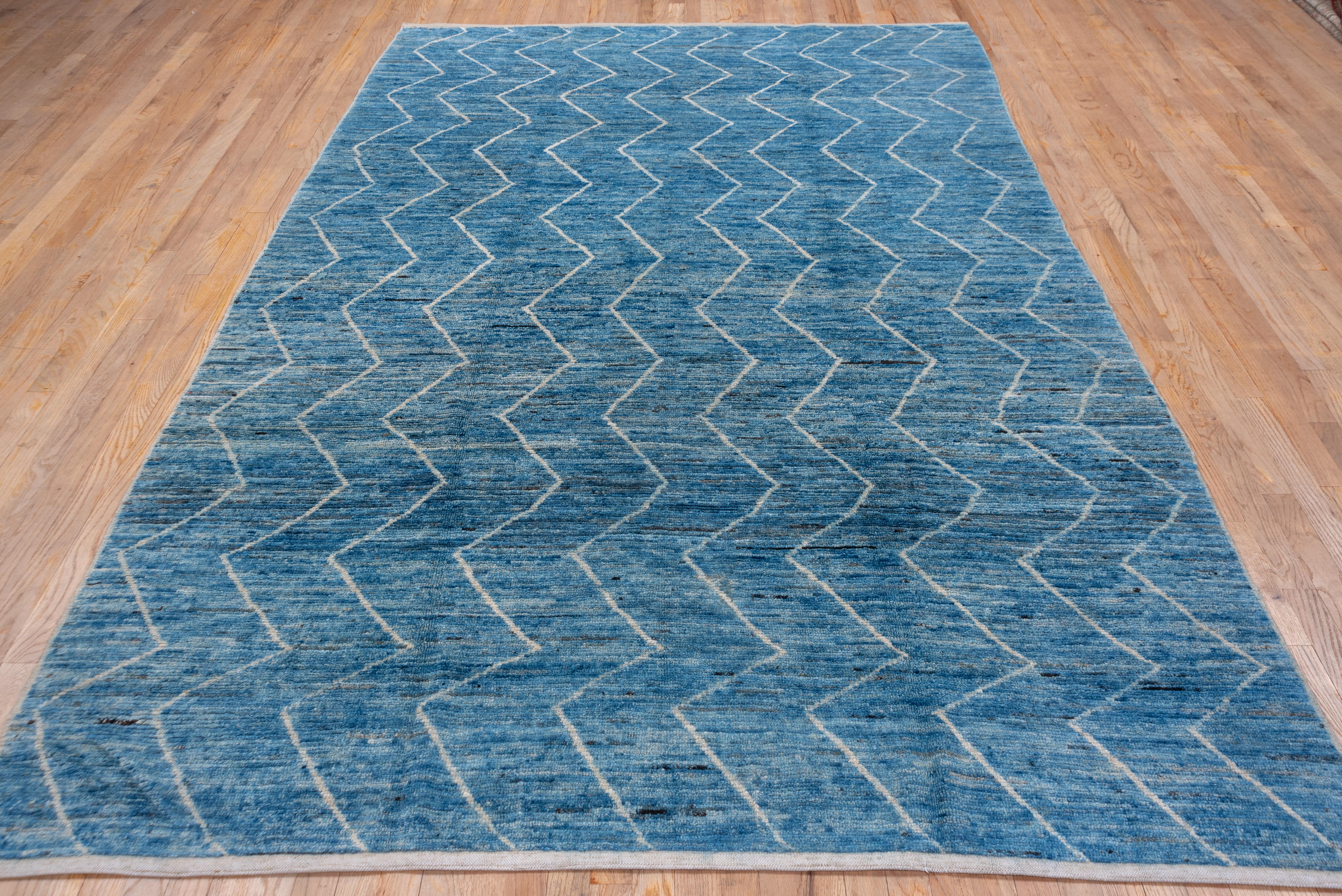 Afghan Modern Blue Moroccan Style Carpet, Zig Zag Design For Sale
