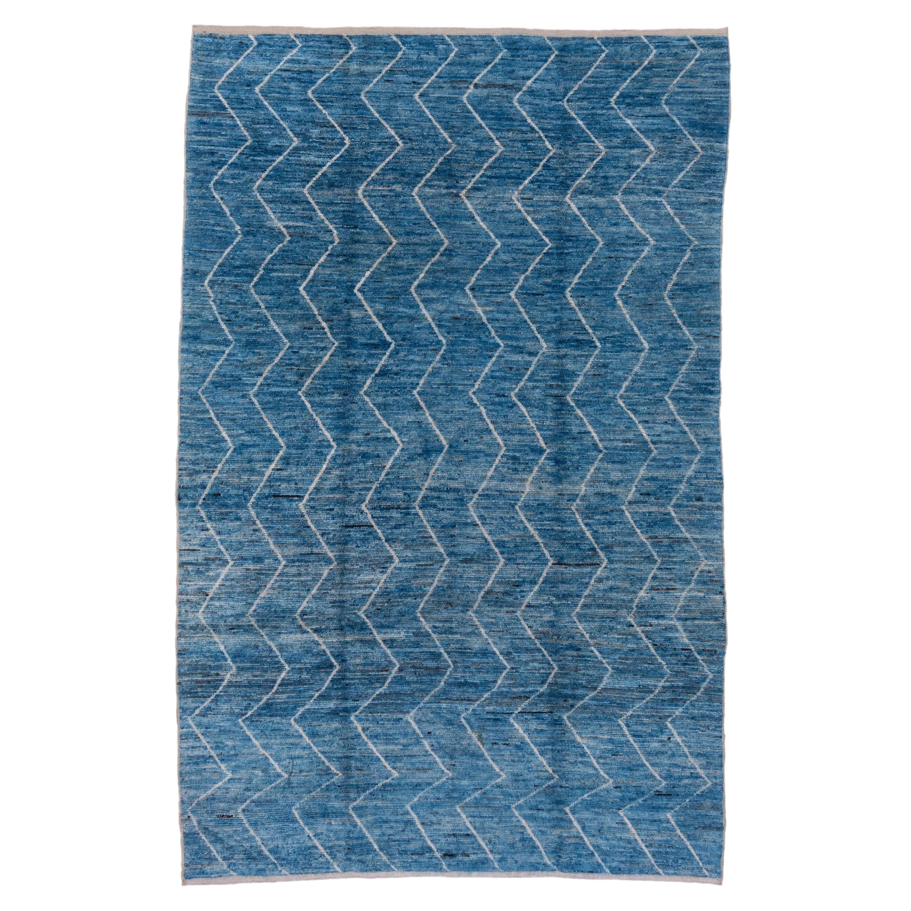 Modern Blue Moroccan Style Carpet, Zig Zag Design