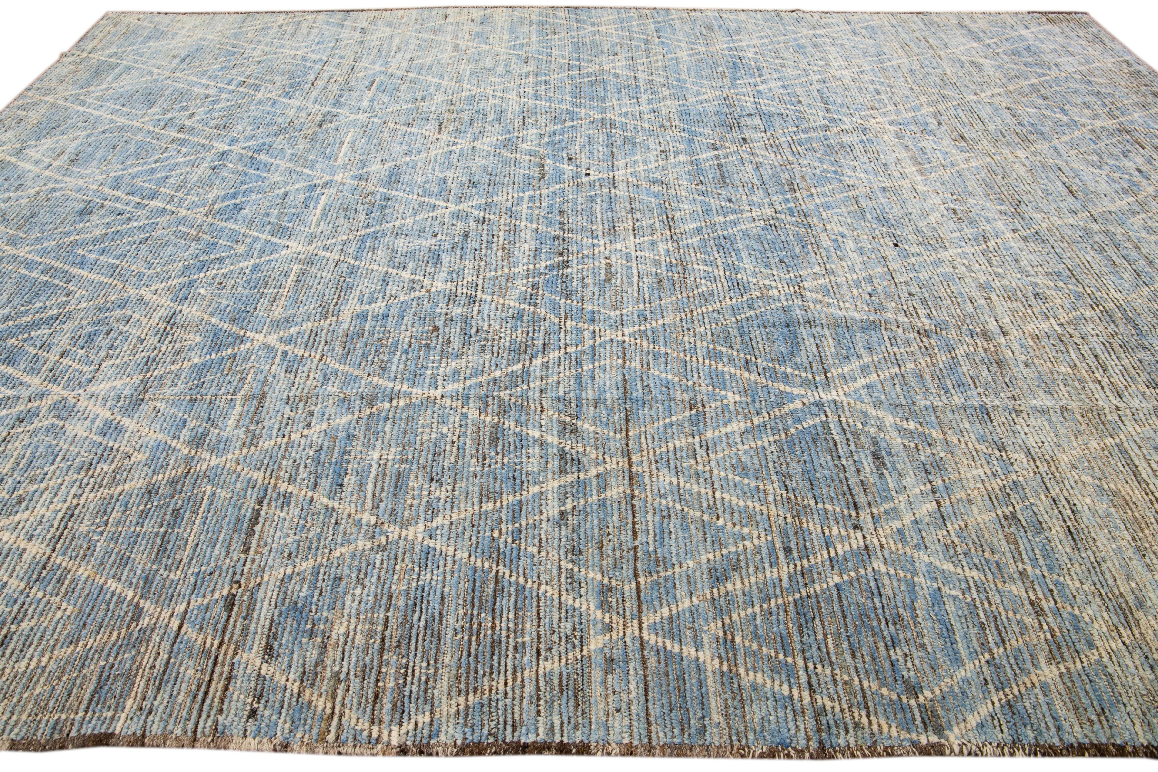 Hand-Knotted Modern Blue Moroccan Style Handmade Geometric Motif Boho Chic Wool Rug For Sale