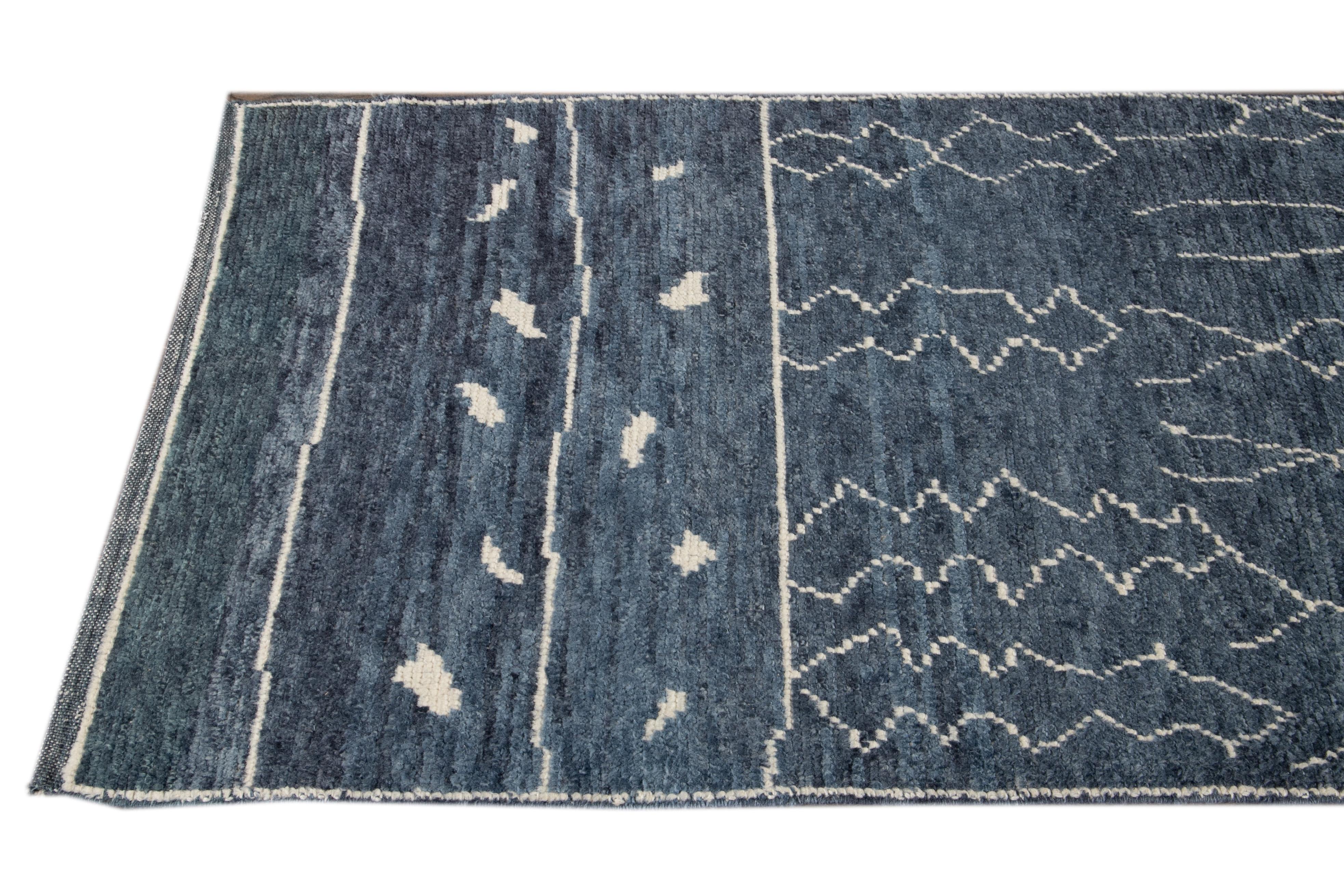 Hand-Knotted Modern Blue Moroccan Style Handmade Wool Runner